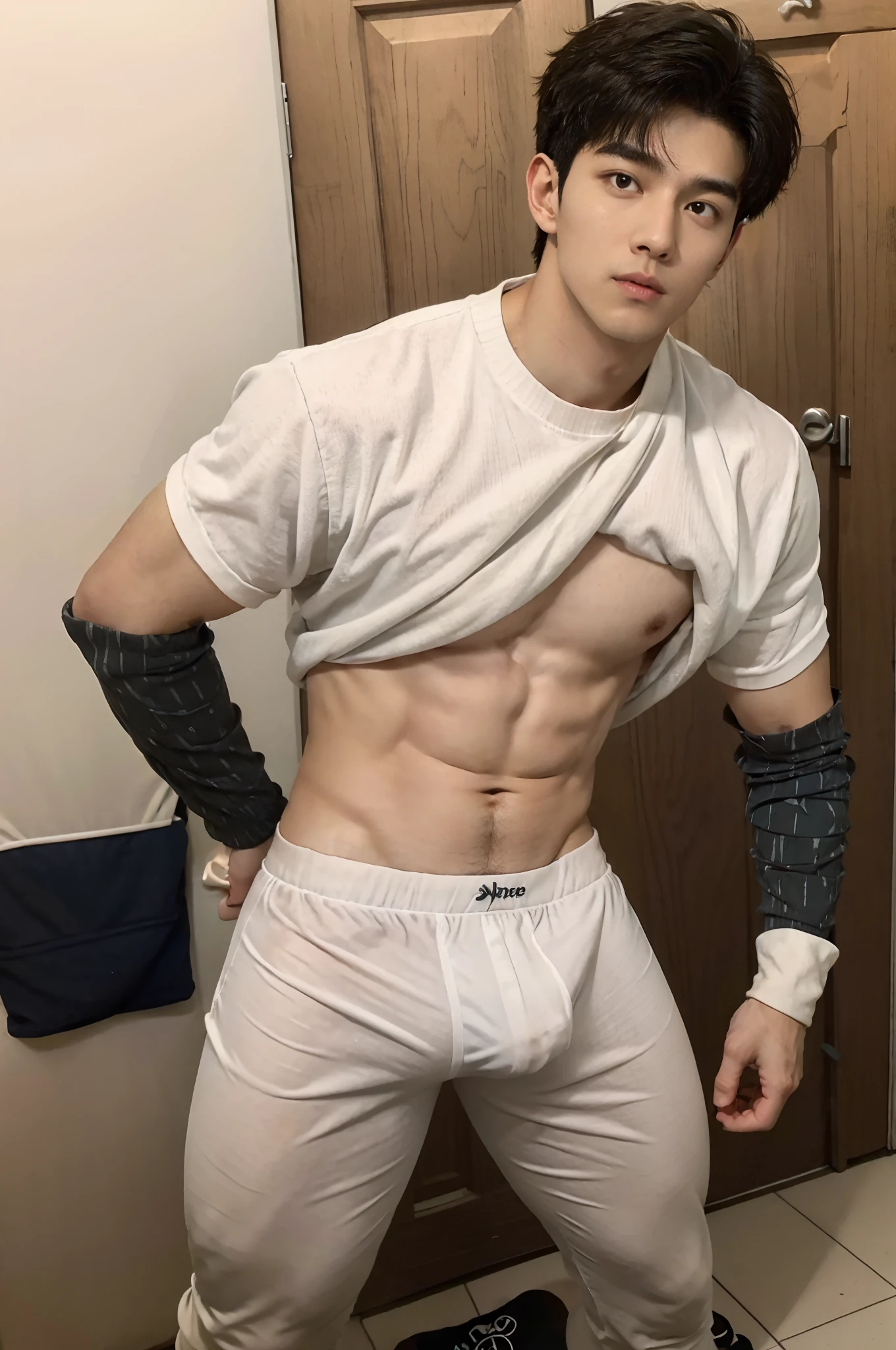 1 handsome guy，Handsome，Male college student，Kim so-hyun，hostel，Play games，musculous，hairy bodies，slippers，White socks，Abs, chest muscle,，Peach casual sweatpants（Detailed eyes：1.3），Black eyes，full bodyesbian，