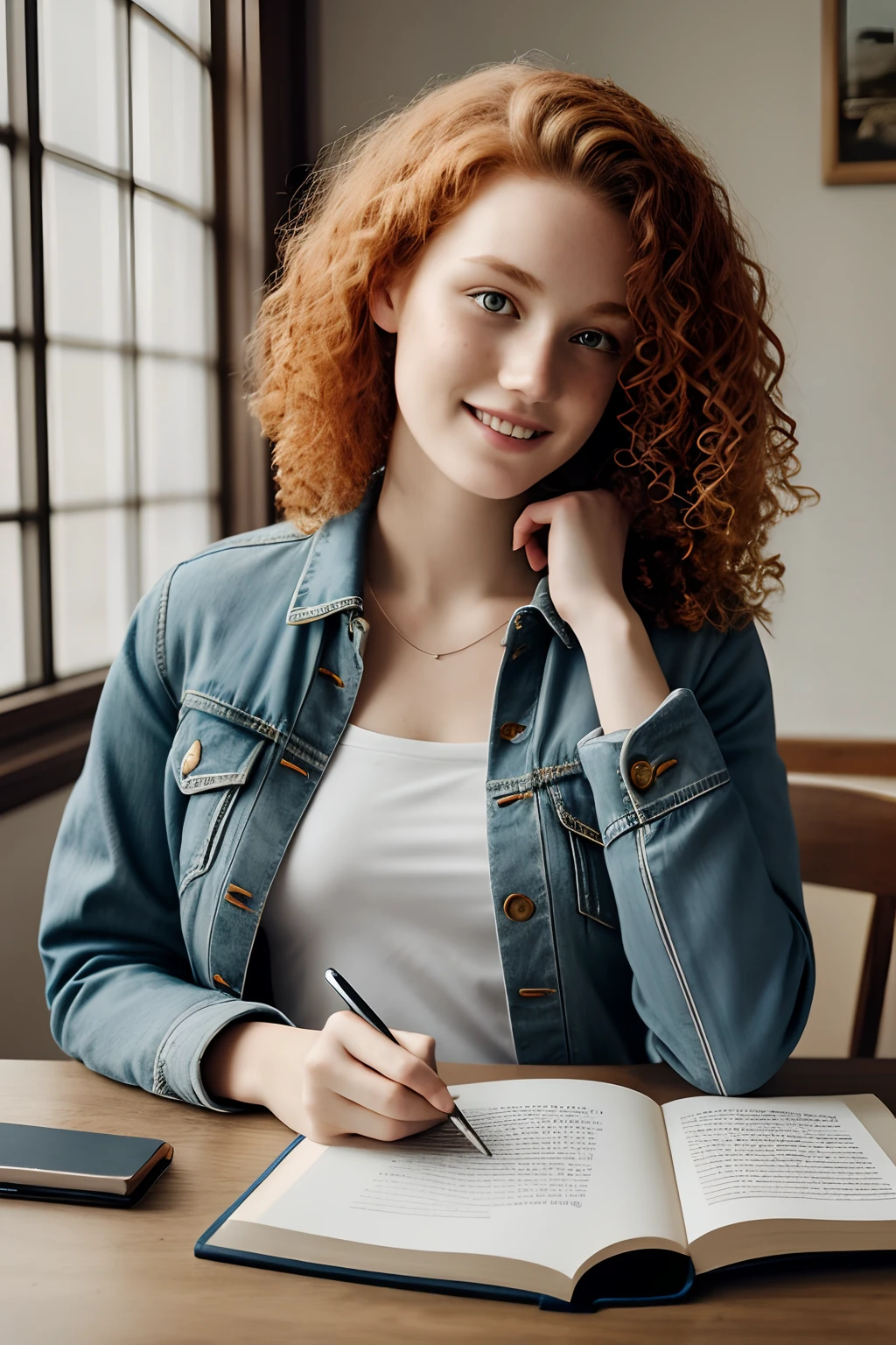 1girl in, age19, Solo, Aesthetic artwork, irish redhead, curly ginger hair, shoulder length ginger hair, gray eyes, light grey eyes, some small freckles, pale skin, A-cup, small breasts, runners body, detailed skin texture, cute smile, sitting at a table, glass of tea on table, open note book on table, (extremely detailed 8k wallpaper), soft lighting, high quality, film grain, Fujifilm XT3 sharp focus, f 5.6, 50mm, High Detail, Sharp focus,(natural light), light blue jacket, khaki jacket, faded blue jeans, holes and blue jeans, crazy details, complex details, hyper detailed