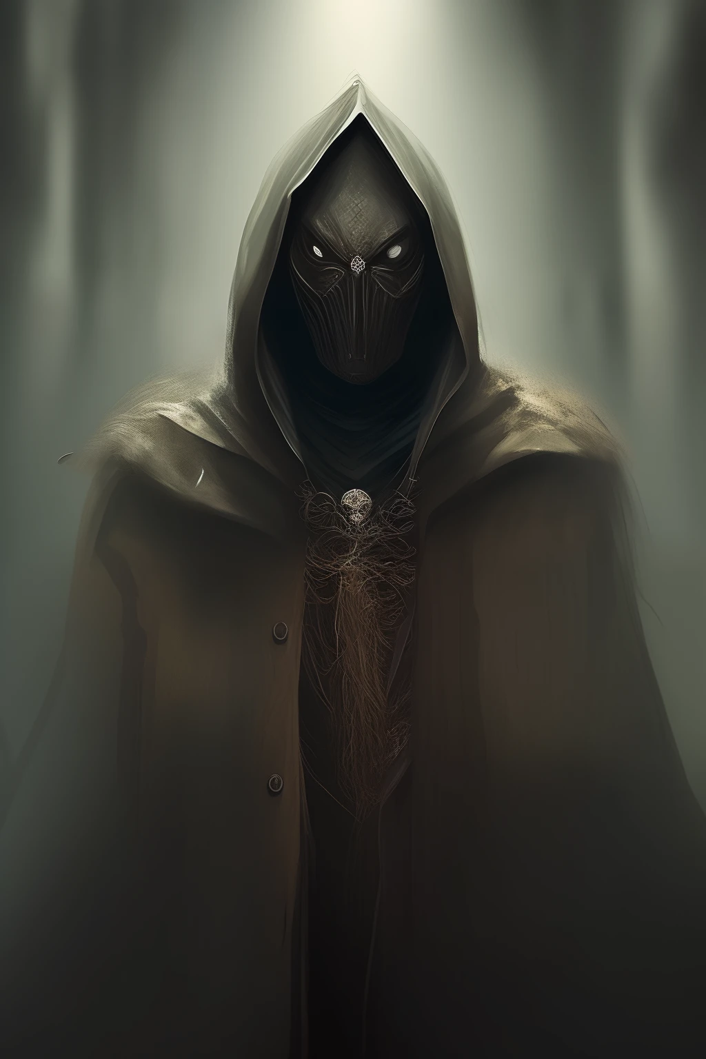 A hooded and masked figure stands in the corner of a tavern, their face hidden in the shadows, a sense of danger emanating from them.