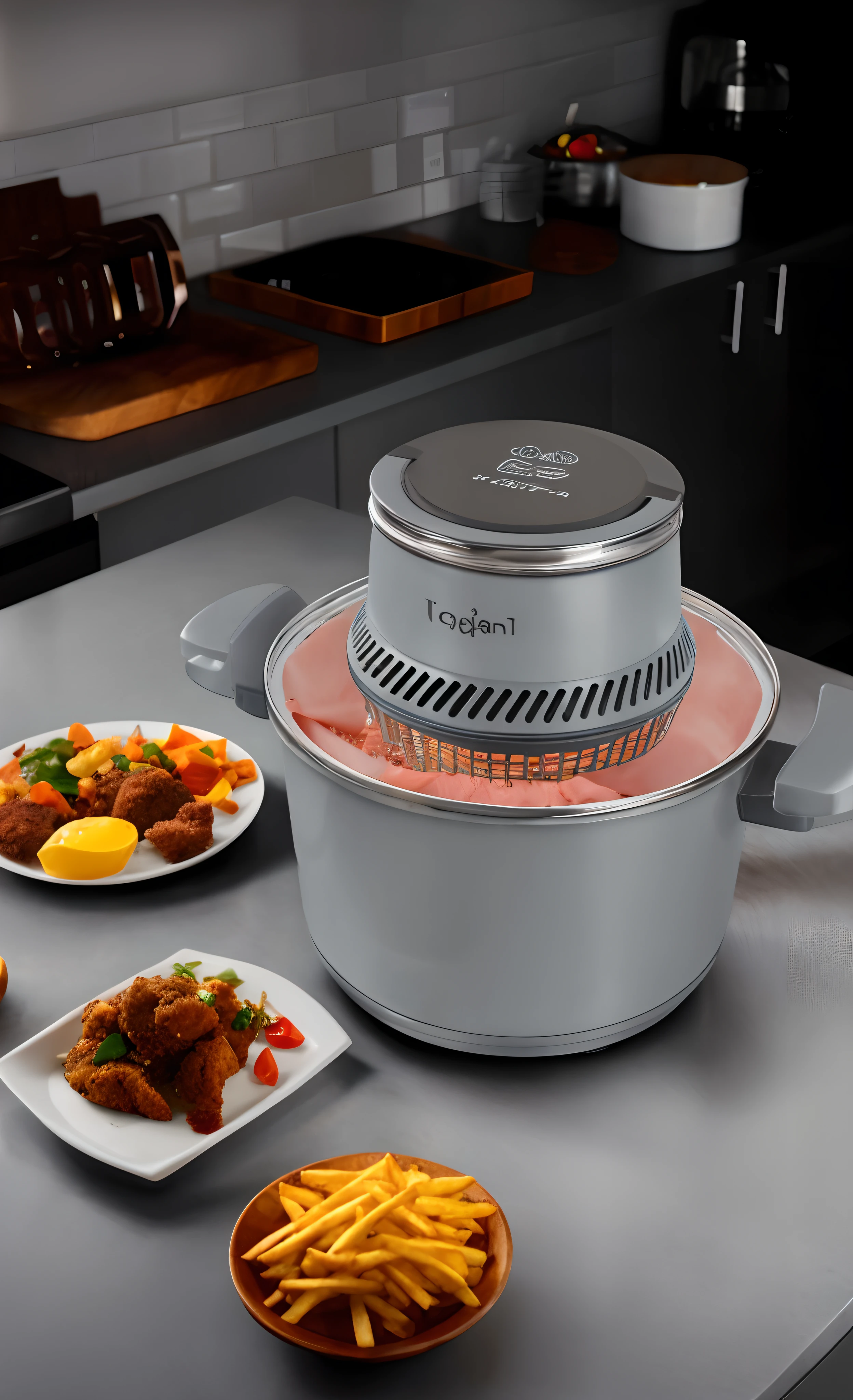 On the counter is a large air fryer,Delicious dishes are laid out on the countertop, french fries, Fried chicken nuggets, 4l, bottom angles, Incredible quality, kitchens, author:John Ragatta, halogen, tasty, Tanjiro Kamado, crispy