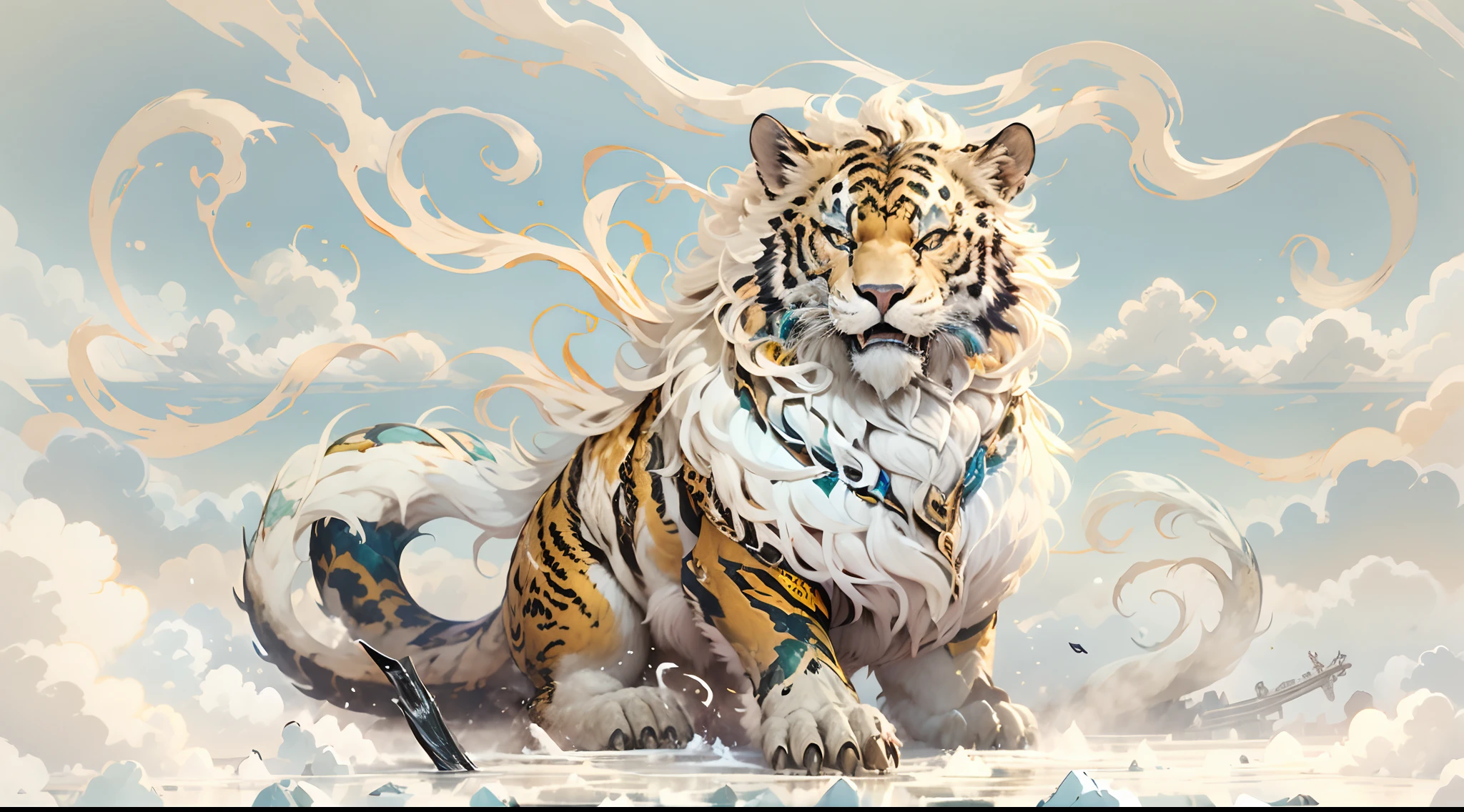 Great Wilderness East Meridian,dream-state、fanciful、tigre、tmasterpiece,Toenails,sickle,salama,Layered hair,White fur,Riding,超高分辨率,high high quality,Export details