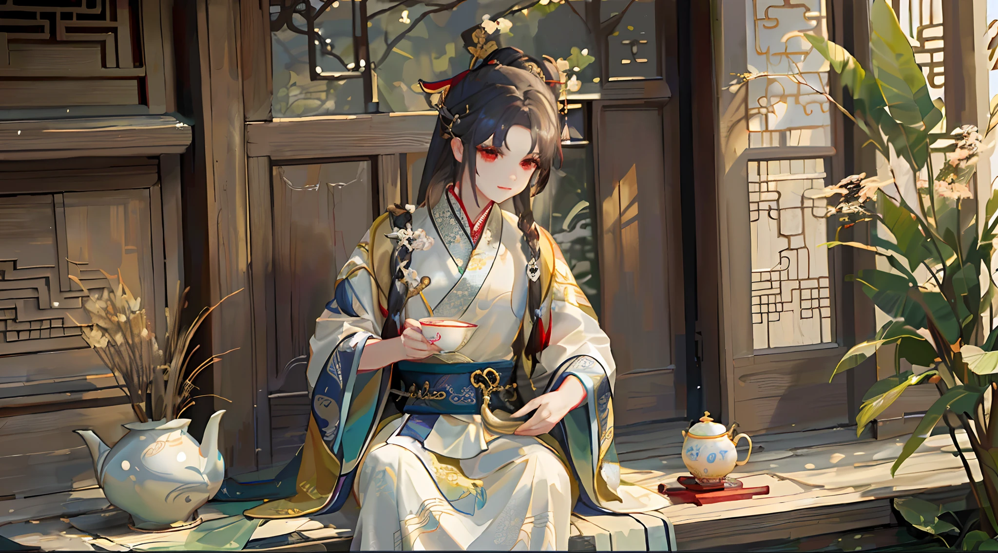 An Alatei woman in traditional dress sits on the porch drinking a cup of tea, Palace , A girl in Hanfu, Wearing ancient Chinese clothes, Hanfu, Beautiful character painting, White Hanfu, by Yang J, Inspired by Zhao Yuan, Cai Xukun, flowing hair and long robes, with acient chinese clothes, Inspired by Bian Shoumin