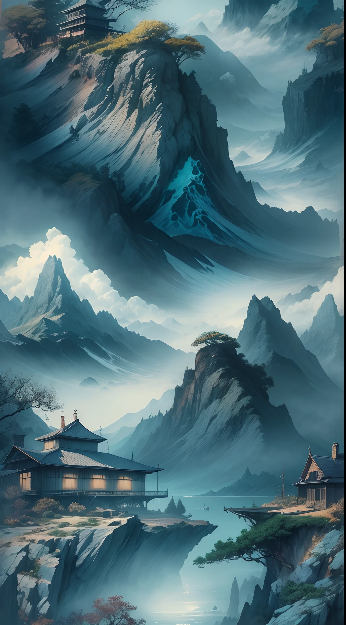 Traditional ink painting style:Detailed mountains and oceans,A lush,Vibrant landscape,Mythical and magical atmosphere,Dark blue color palette,Hazy and ethereal lighting,Best quality,A high resolution,(Realistic,Photorealistic:1.37),