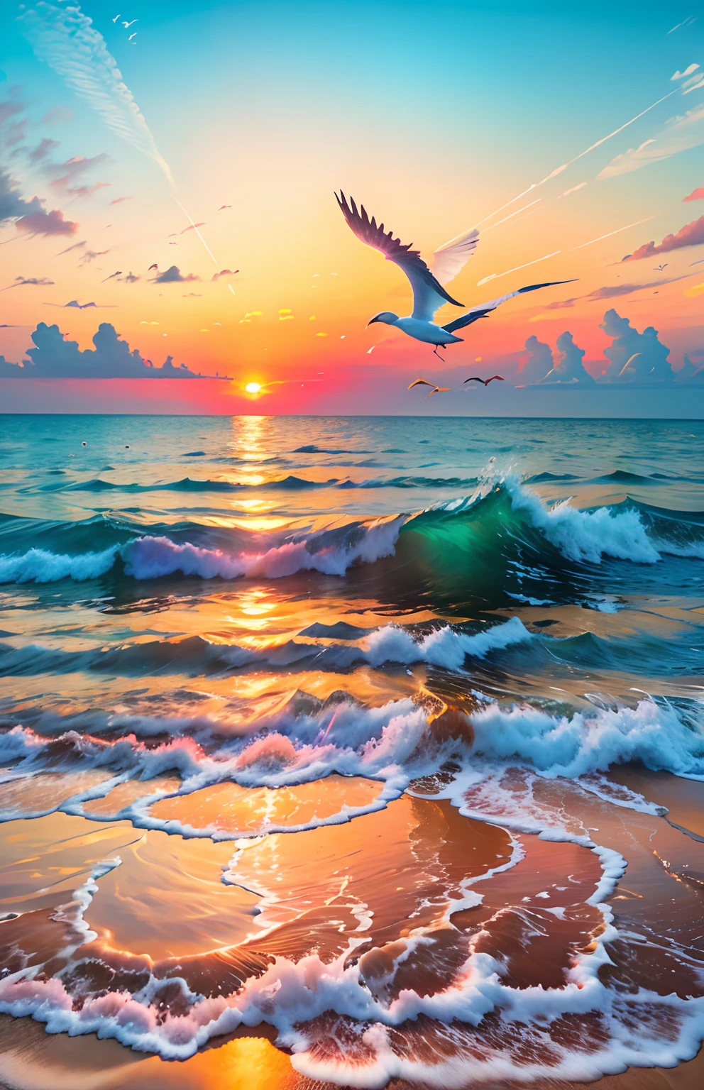 An absolutely mesmerizing sunset on the beach, with a mix of orange, pink, and yellow in the sky. The water is crystal clear, gently kisses the coast, and the white sand is endless. The scene is dynamic and breathtaking, with seagulls soaring high in the sky and palm trees swaying softly. Immerse yourself in the calm atmosphere and let the serenity surround you.
