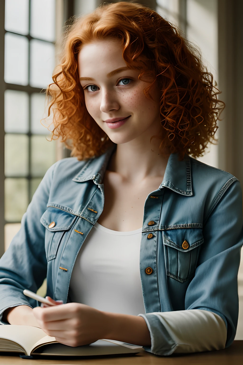 1girl in, age19, Solo, Aesthetic artwork, irish  redhead, curly ginger hair, shoulder length ginger hair, gray eyes, light grey eyes, some small freckles, pale skin, A-cup, small breasts, runners body, detailed skin texture, cute smile, sitting at a table, glass of tea on table, open book on table, (extremely detailed 8k wallpaper), soft lighting, high quality, film grain, Fujifilm XT3 sharp focus, f 5.6, 50mm, High Detail, Sharp focus,(natural light), light blue jacket, khaki jacket, faded blue jeans, holes in blue jeans, crazy details, complex details, hyper detailed