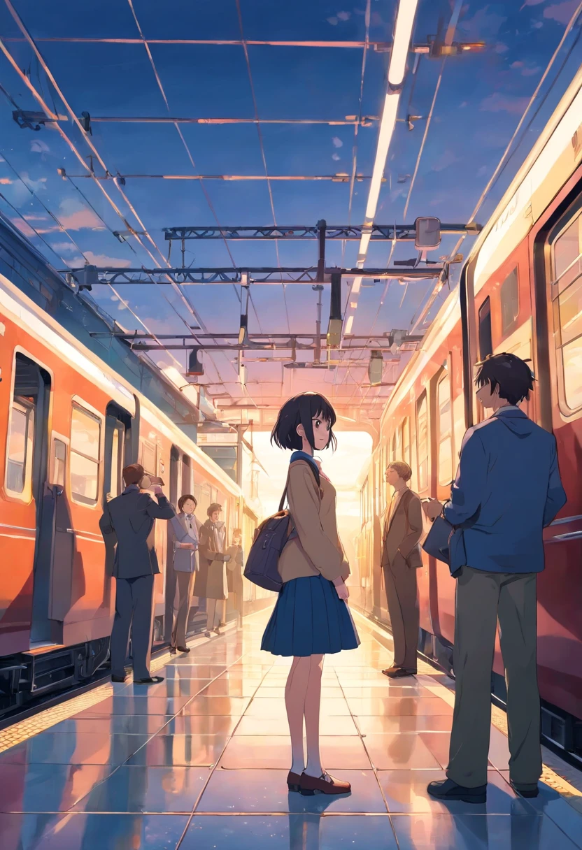 A conductor stands at the place where the train comes in，Shouted loudly。Behind him is a scene of a train coming into the station，The surrounding is full of passengers。