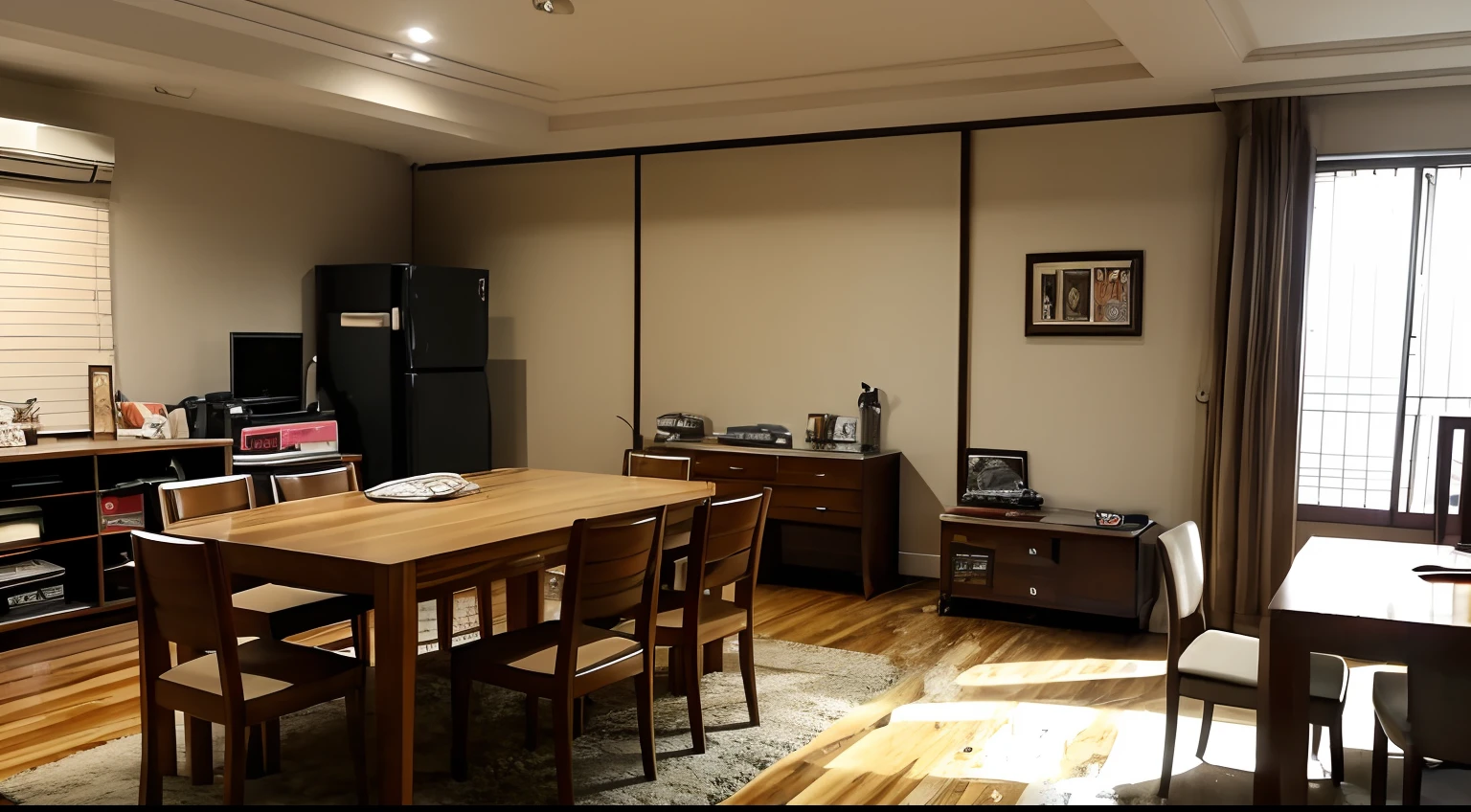 The living room has a wooden large dining table, tokyo, living room,a lot of papers on dining table, dining table facing the wall, ((sence of life)), (Cluttered background,), Messy room, Overflowing with things