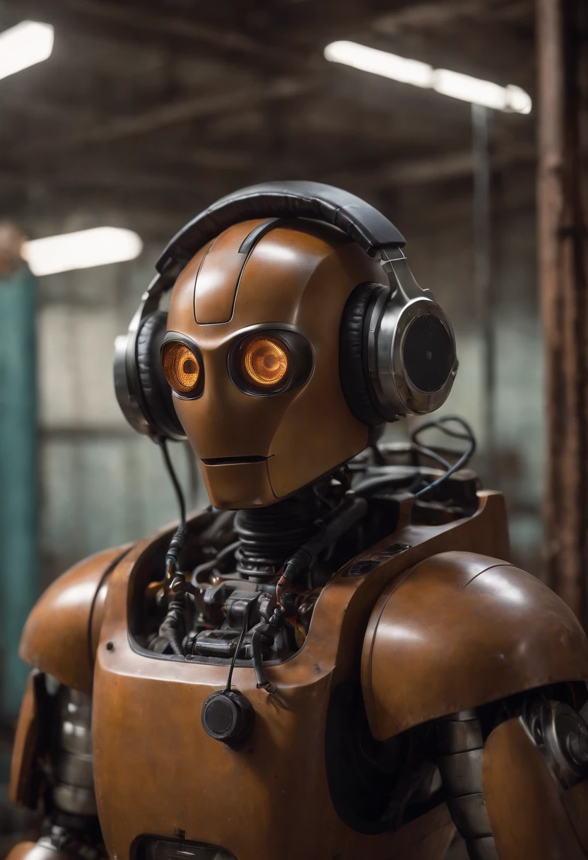 Photographic portrait of a robot wearing headphones made of mahogany, tubos e luzes e mini monitores tft no corpo, Os olhos irradiam luz laranja, olha para camara, dirty water, oils, maintenance, in an old abandoned and rusty factory with his nerdy friend, 8k, octano, Ultra Detalhado