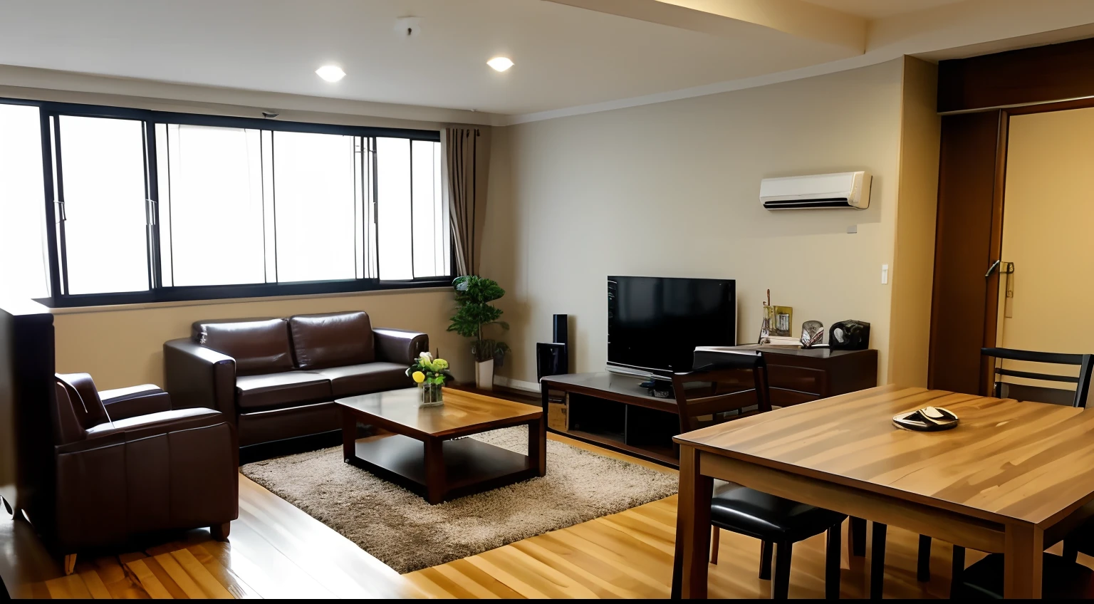 The living room has a wooden large dining table, tokyo, living room,a lot of papers on dining table, dining table facing the wall, ((sence of life)), (Cluttered background,), Messy room, Overflowing with things