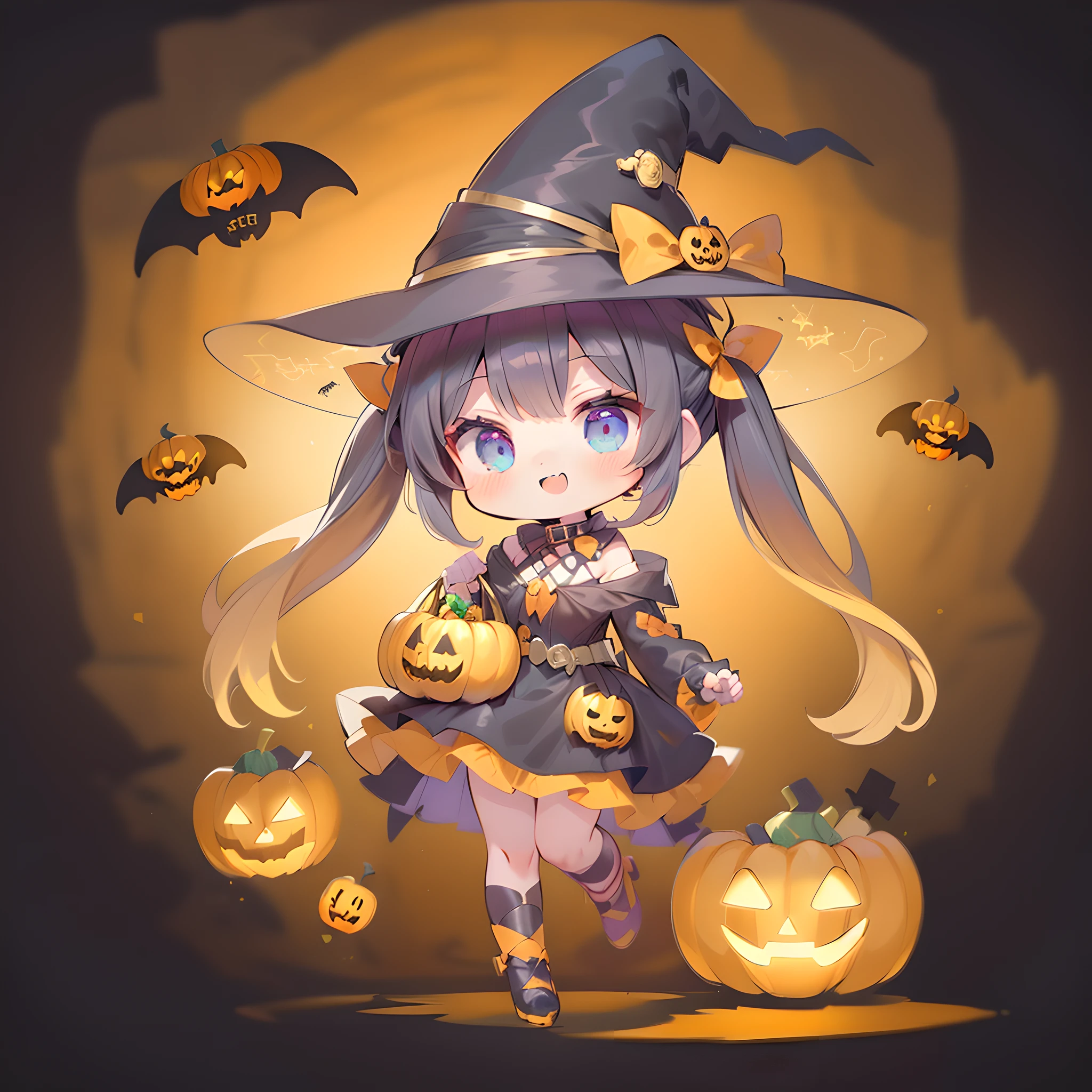 (((masutepiece))), Best Quality, Extremely detailed, (Witch Costume:1.4), (Bat Wings), (((girl with))), (((Solo))), Happy, (gold twin tail:1.5), Blue eyes, Full body, (((Have a basket full of sweets))), Ahoge, (((Deformed))), (((Chibi Character))), (((halloween night background))), (Black background), (((jack-o-lanterns))),