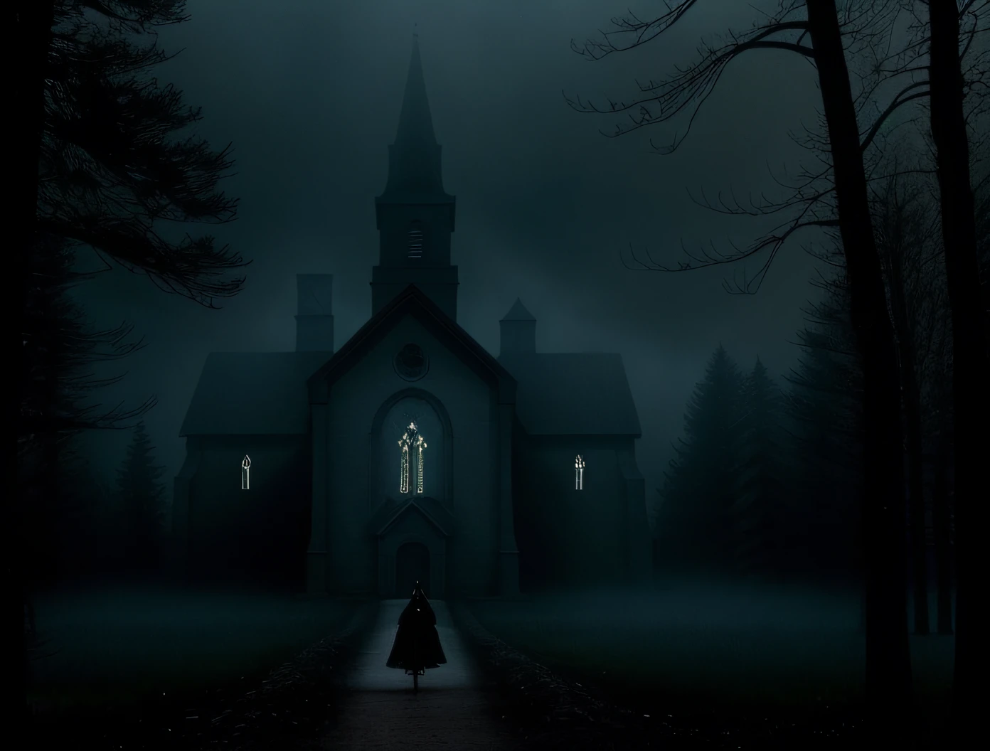 tm style, landscape of a church surrounded by dark forests at night  a woman from the 1800s walking alone, tim burton movie frame, cinematic, a lot of haze, volumetric lights, realistic, 8k