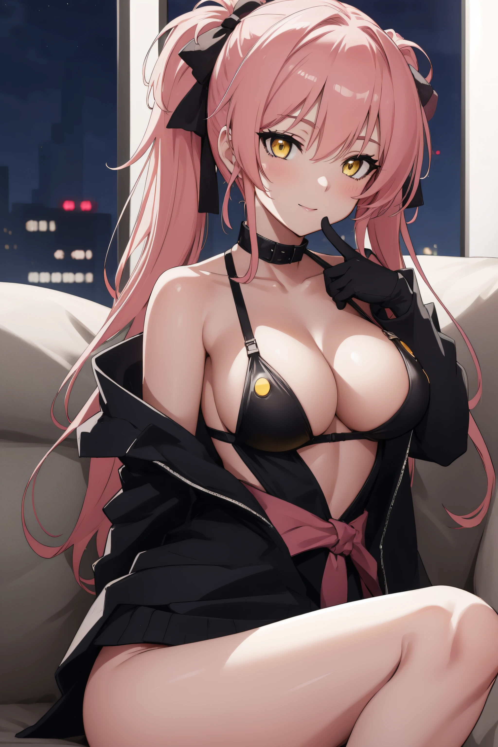 (Night:1.7), Cyberpunk_CityView, Before Window,in front of a wall with a clock,
sitting at attention,sitting on couch,
swimsuit,
mika jougasaki, hair bow, long hair, pink hair, (yellow eyes:1.5), twintails, hair ribbon, hair bow,
1 girl, 20yo,young female,Beautiful Finger,Beautiful long legs,Beautiful body,Beautiful Nose,Beautiful character design, perfect eyes, perfect face,
looking at viewer, (innocent_big_eyes:1.0),(expressionless:1.3), seductive pose.teasing smile, 
NSFW,official art,extremely detailed CG unity 8k wallpaper, perfect lighting,Colorful, Bright_Front_face_Lighting,
(masterpiece:1.0),(best_quality:1.0), ultra high res,4K,ultra-detailed,
photography, 8K, HDR, highres, absurdres:1.2, Kodak portra 400, film grain, blurry background, bokeh:1.2, lens flare, (vibrant_color:1.2)
(Beautiful,medium_Breasts:1.4), (beautiful_face:1.5),(narrow_waist),(perfect hands, perfect anatomy),