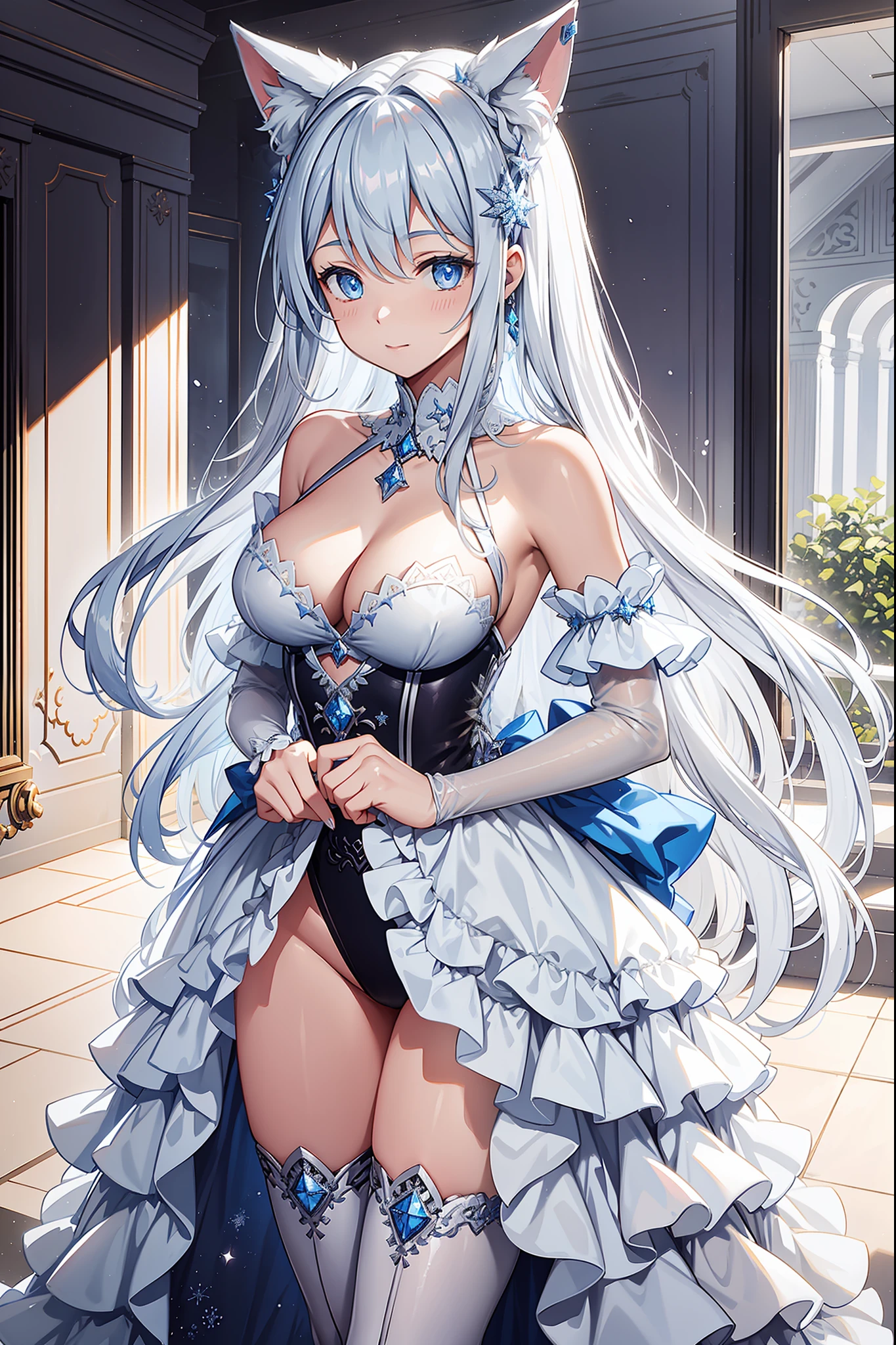 saints,seductiv,having fun,Being in love,Western magic white dress,silber hair,eBlue eyes,see-through transparent clothes,Cat's ears,Sky blue cloth,Snowflake pattern,Sky blue pattern,(Snowy nights:1.2),Transparent lace,exquisite costumes,hallway,solo person,the night,Engraved translucent boots,Delicate and beautiful face