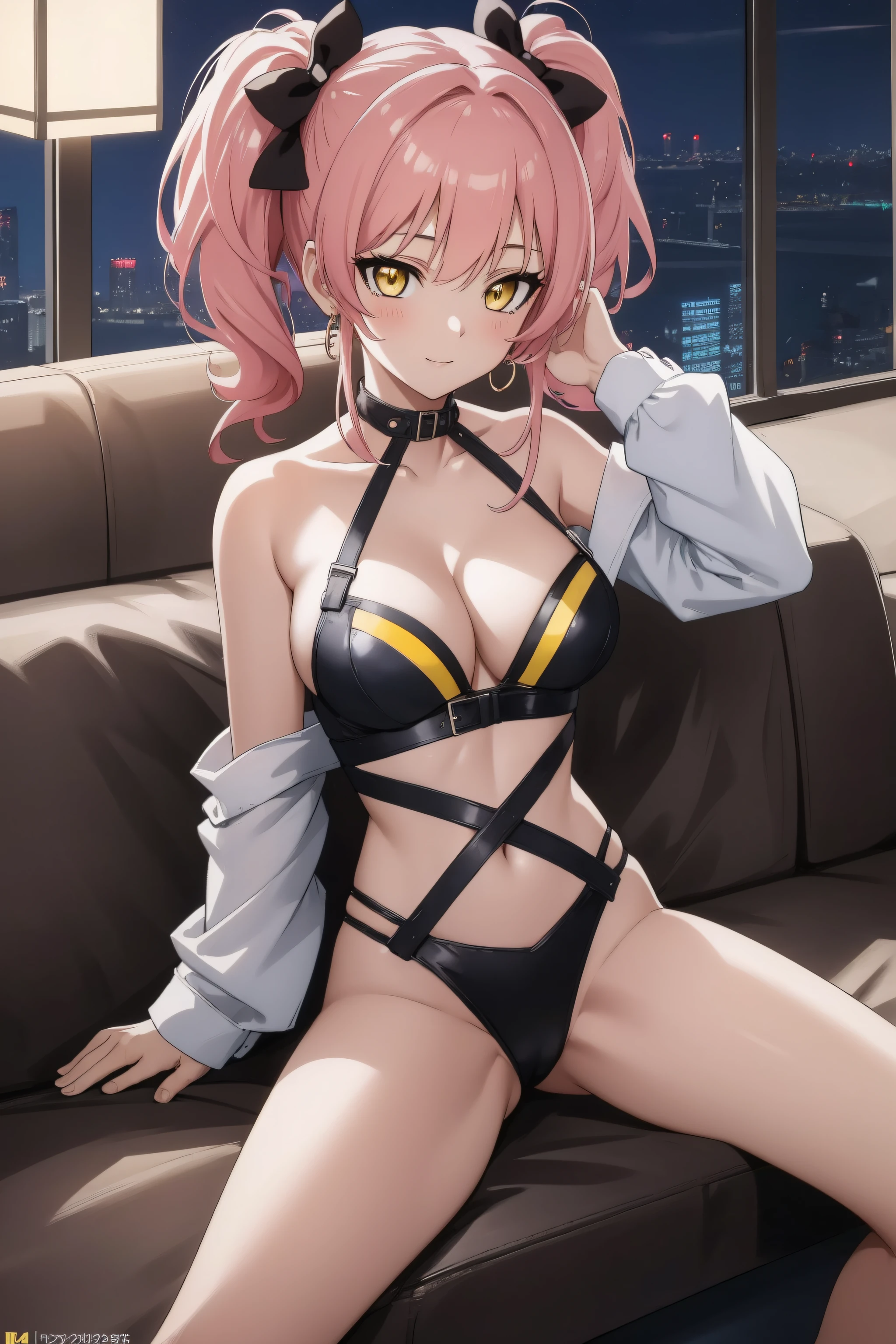 (Night:1.7), Cyberpunk_CityView, Before Window,in front of a wall with a clock,
sitting at attention,sitting on couch,
swimsuit,
mika jougasaki, hair bow, long hair, pink hair, (yellow eyes:1.5), twintails, hair ribbon, hair bow,
1 girl, 20yo,young female,Beautiful Finger,Beautiful long legs,Beautiful body,Beautiful Nose,Beautiful character design, perfect eyes, perfect face,
looking at viewer, (innocent_big_eyes:1.0),(expressionless:1.3), seductive pose.teasing smile, 
NSFW,official art,extremely detailed CG unity 8k wallpaper, perfect lighting,Colorful, Bright_Front_face_Lighting,
(masterpiece:1.0),(best_quality:1.0), ultra high res,4K,ultra-detailed,
photography, 8K, HDR, highres, absurdres:1.2, Kodak portra 400, film grain, blurry background, bokeh:1.2, lens flare, (vibrant_color:1.2)
(Beautiful,medium_Breasts:1.4), (beautiful_face:1.5),(narrow_waist),(perfect hands, perfect anatomy),