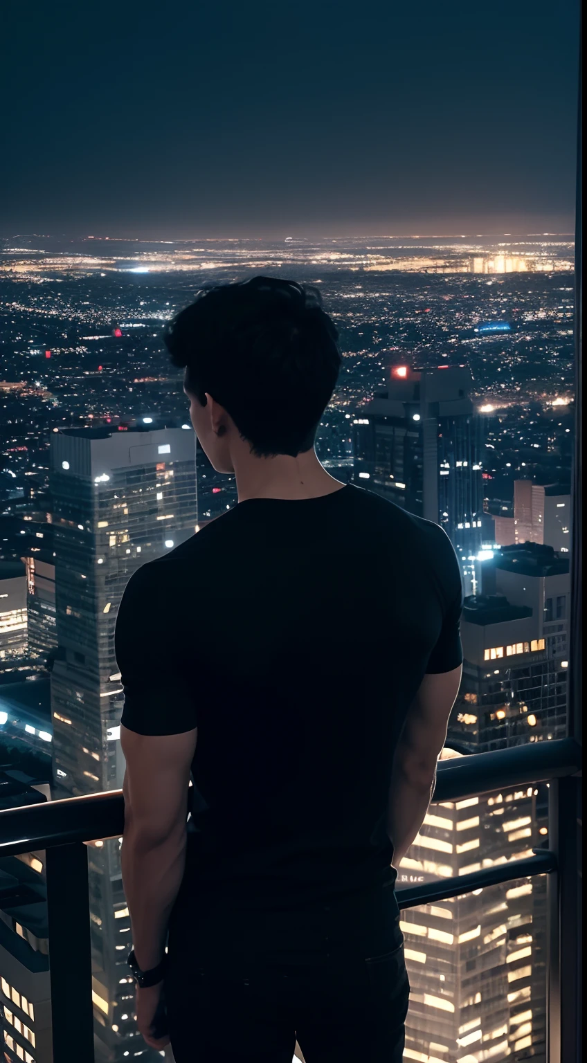 A tall guy standing inside on the top of building, night city view, beautiful view, tall muscular guy, short hair, black hair, back view,