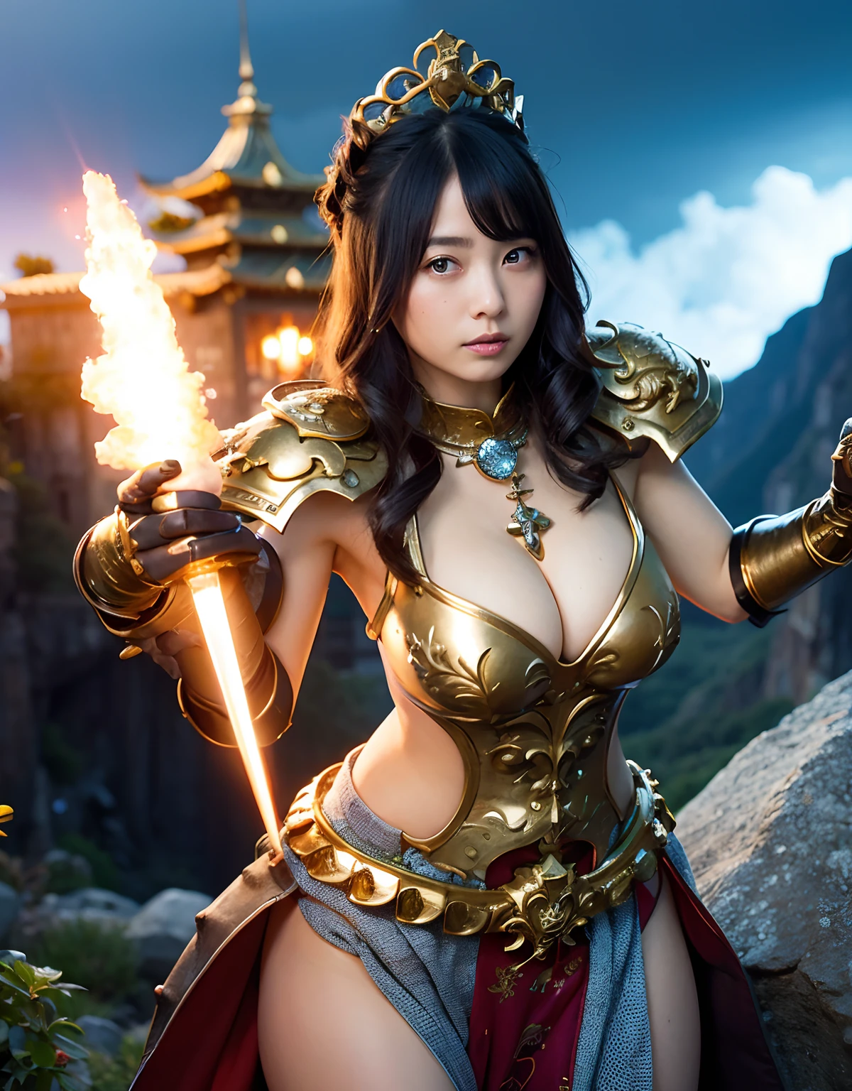 Professional , masterpiece、top-quality、photos realistic , 、top-quality、超A high resolution、(Photorealsitic:1.4)、Raw photo、depth of fields (Gemstone Gold Metal Body:1.9),(Matte White、Toostock、cleavage of the breast、(cleavage of the breast)、(Detailed Dragon Armor)、(Have the strongest weapon)、((Random Hairstyles 1.6),Dark Fantasy,)explosions、intense fighting、(Precipitous cliffs),Dragon Gold Weapon,Mystical expression、Particles of light、Fight dragons、(Detailed Dragon Helmet),Gorgeous Silver Weapons ,(( Dragon's dense and gorgeous sword)) , Beautiful knife ,warhammer 40k ,Detail and gorgeous crown、((Blue hair))、(Castle background)、、((Gangle's forest background))、Beautiful Caucasian beauty、1a person、dynamic ungle,((()))、Smaller head、A smile、Castle background、Thin and beautiful female hands、cleavage of the breast、Soldier in iron armor on background、Mystical expression、Light Effects、intense fighting、Wind-effect、magic circles、With the legendary magic wand、(demonic wings)、Toostock、