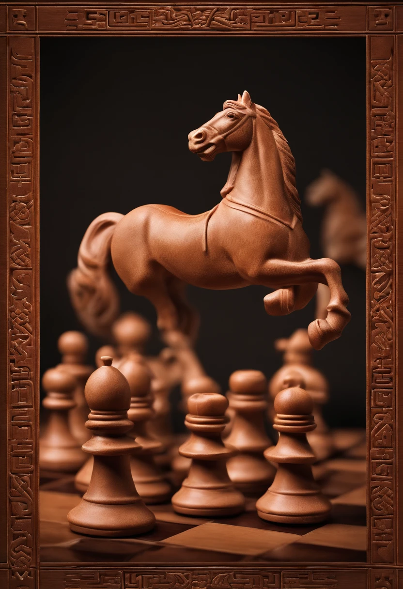 Chinese chess, chessboard, Chess pieces, ，steed，Showdown，Terracotta，ride horse，poster for, Fresh style background, , Booth lighting, Attractive, photorealistic colors, Ultra HD
