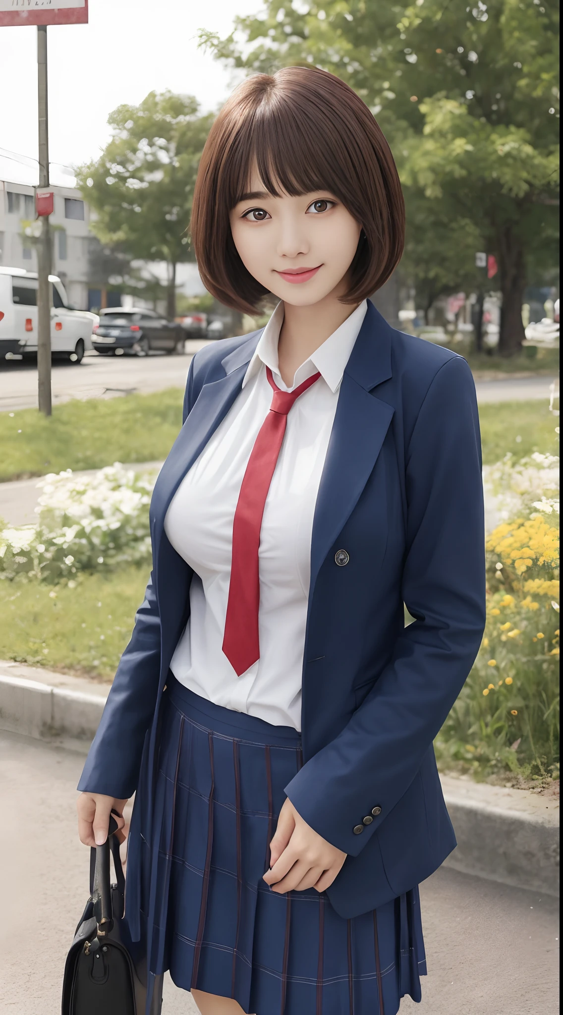 masutepiece、Best Quality、 ultra-detailliert、hight resolution、8K Wallpapers、Perfect dynamic composition,、Beautiful detailed eyes、(Beautiful Large Breasts:1.6)、17-year-old beauty、top-quality、beautiful a girl、High school students、Pupils、student clothes、Brown hair、Pattsun bangs、bob cuts、a small face、Cute little girl s、Dark blue blazer、White shirt、Red tie、Dark blue skirt、Colossal tits、A slender、slender、slender body with large breasts,,,,,,,,,,,,,,,,,,,,,,,,,,,、ssmile、A smile、Leather shoes、up chest、、Morning sun from the sky、Unclear girl、Surrounded by fields、bus stop、Stand in front of the bus stop、Beautiful hair fluttering in the wind、Transcendental tranquility、Super detailed illustration、extra detailed face、Raw photography、film grains、Deviantart Trends、