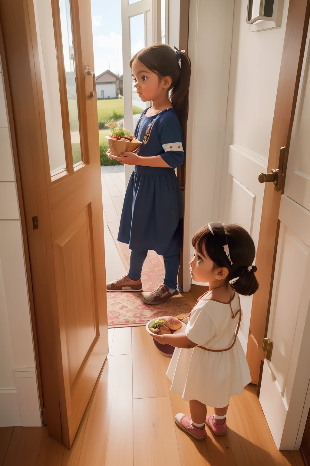 year: 2023. Location: Sweden. Pre-Raphaelite, two 3 and 7-year-old little girls, sister, tanned, brunette, (((holding a food container))), bringing a ((food tray)) to their neighbor house, ((((view from the other side of the door)))), ((((casual kid Clothing from the 2020s)))) ((Hairstyle of the 2020s)), (((in the syle of "OMITB")))