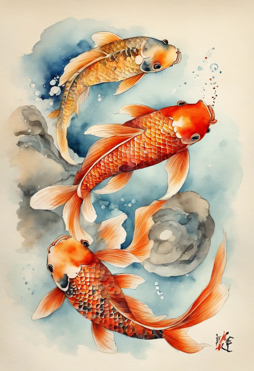 best quality, Meisterwerk, (9 Koi Fische: 1,5), Stil von Hokusai, Ukiyoe-Malerei ying yang pattern