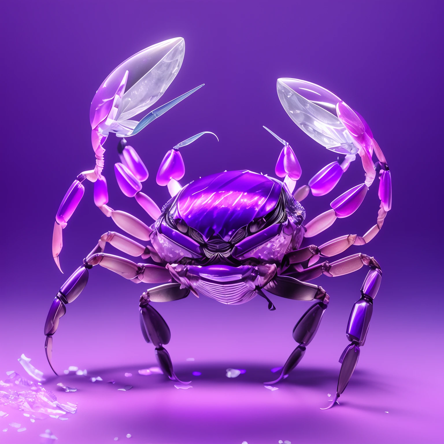 Purple crab with purple shell on its back, anthropomorphic crab, author:Adam Maczynski, Purple bioluminescence, award winning macro photography, Ultraviolet photography, made of liquid purple metal, crabcore, crustacean, depicted as a 3 d render, ultra realistic 3d illustration, author:Alexander Kobzd