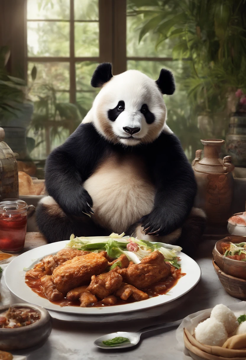 Capture the heartwarming moment of a giant fluffy panda seated at a indian restaurant table, crowded restaurant, savoring a plate of nasi lemak, fried chicken, and a glass of ice milo. The panda's face should light up with pure happiness and surprise, with a mouthful of nasi lemak, as if it's tasting this beloved Malaysian dish for the very first time, 4k