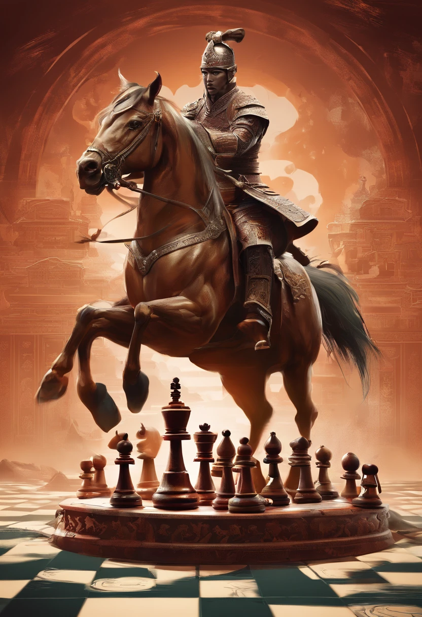 Chinese chess, contest,chessboard, Chess pieces, ,steed,Showdown,Terracotta,ride horse,poster for, Fresh style background, , Booth lighting, Attractive, photorealistic colors, Ultra HD