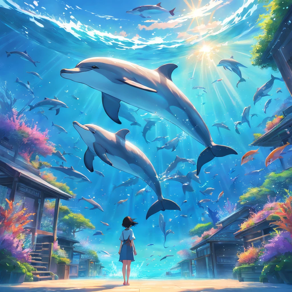 Painting of dolphins swimming in colorful ocean, Look up at the composition, Jellyfish and whales, Inspired by Cyril Rolando, A beautiful artwork illustration, author：Shitao, colorful concept art, Makoto Shinkai Cyrillo Rolando, In the style of Cyril Rolando, whale, Highly detailed watercolor 8K, highly detailed water colour 8 k，octane，the end，Realistic，8K，Estilo de Makoto Shinkai( reasonable design, 清晰的线条, High- sharpness,Best quality, Very detailed, Master parts, movie light effect, 4K )