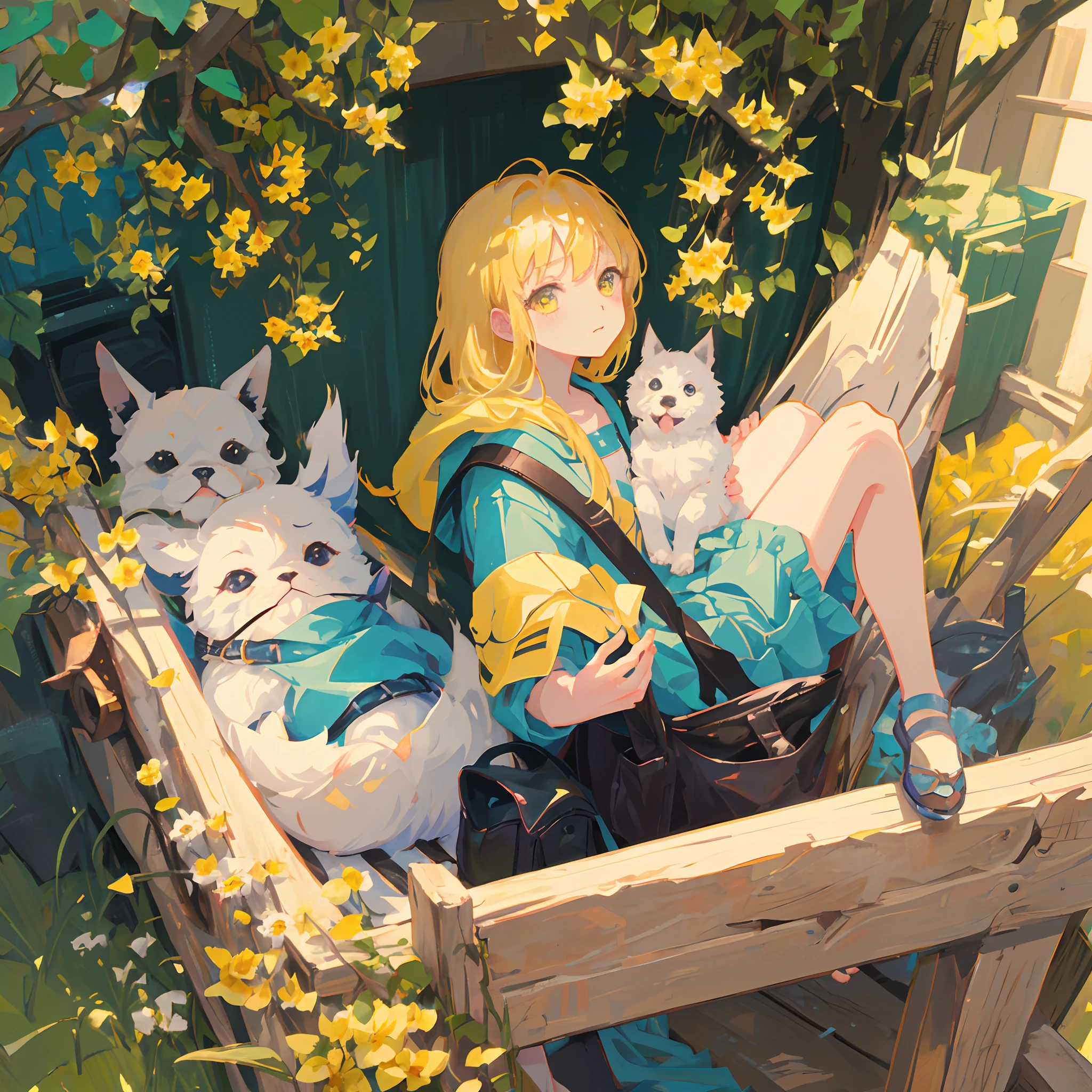 Master Piece, Anime Style, A charming little girl with a backpack is enjoying a cute spring outing surrounded by beautiful yellow flowers and nature with her cute puppy. The illustration is a high-definition illustration in 4k resolution with highly detailed facial features and Ghibli-style visuals