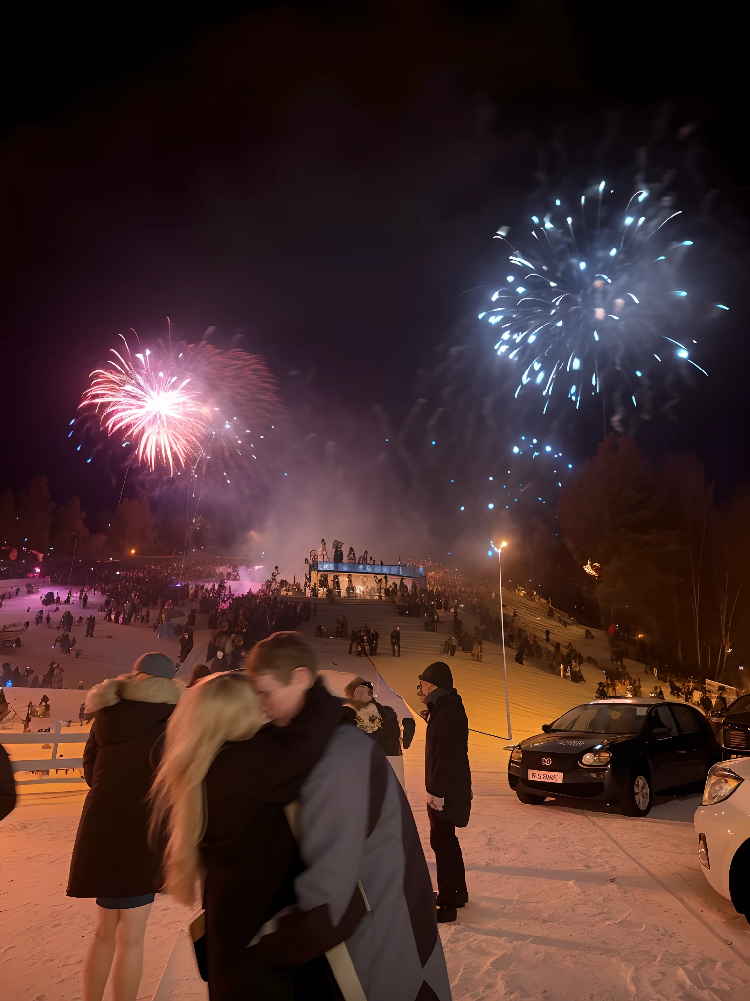 Fireworks were lit in the sky above the crowd, author:Einar Nelson, Fireworks in the background, author:Terese Nielsen, author:anato finnstark, Chinese New Year's Eve night, author:Jaco Matilla, author:Jens Sendergaard, fireworks in background, Edited, author:Owen Bowen, Fireworks, author:Karl Volk