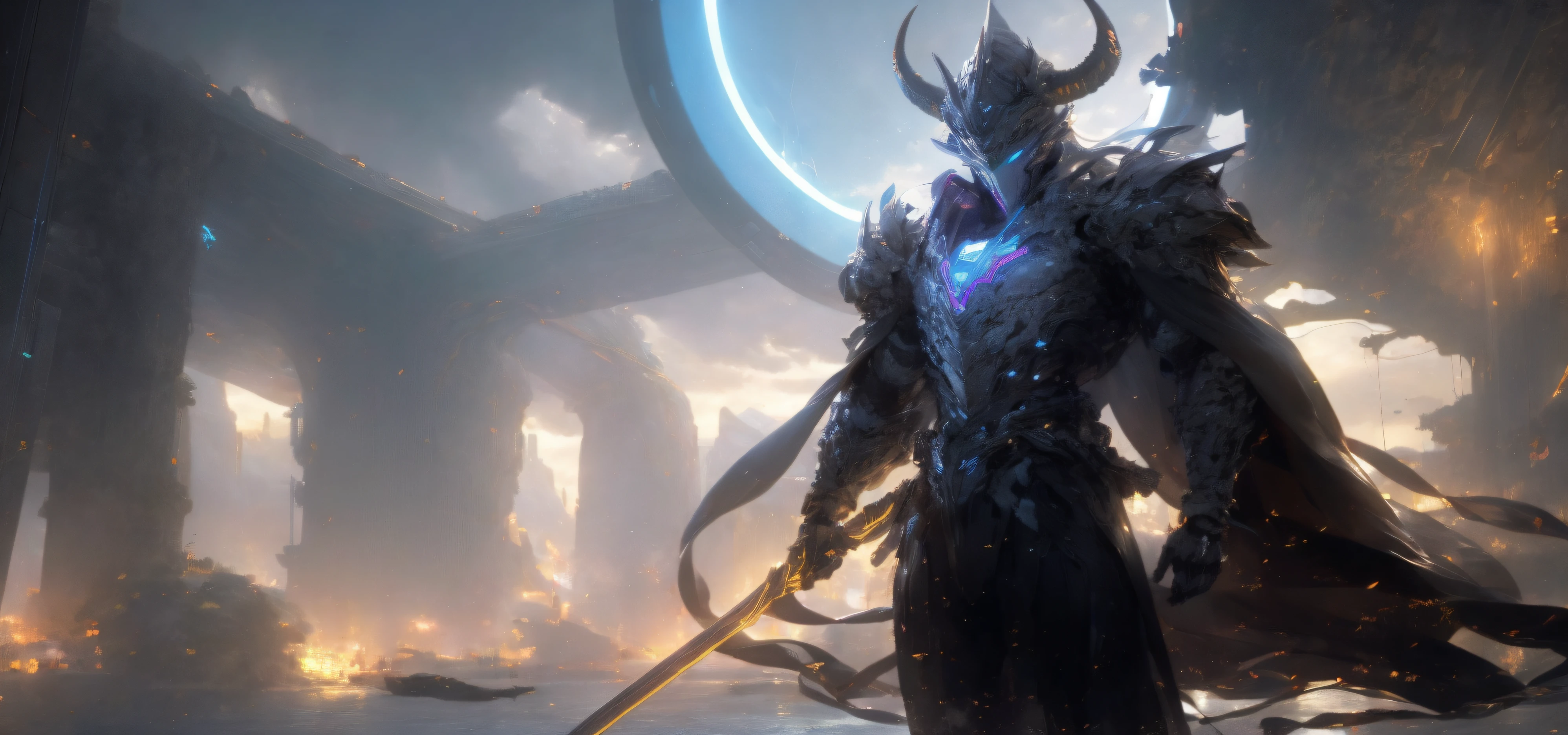 (Masterpiece:1.2, Best quality:1.1),8K,Intricate details,HD,Best Illustration,the wallpaper,Intricate details,8K HD wallpaper:1.6,
1boys,Solo:1.7 Armor, Solo, arma, 1boys, helmet, Male focus, Full armor, sword, Holding, holding weapon, Shoulder armor, mitts, holdingsword, pauldrons, Cape, Glowing, cavalier, Horns, Cowboy shot, standing, chest plate, Glowing eyes, view the viewer, Fake Horns, Horned helmet, signatures, Black armor,chest plate,view the viewer,Glowing,Simple background,Gradient,arma,Gradient background,facingviewer,sense of science and technology,Metal armor,time,Fluorescent light strips,Cyberpunk,Science fiction,
scenery, No Man, architecture, Outdoors, Traditional media, water, east asian architecture, bridge, River, tree, Building, ships, day, real world location, Lake, landscape, sky, boat, Ocean, pagoda, Nature, City, Town, Cloud
