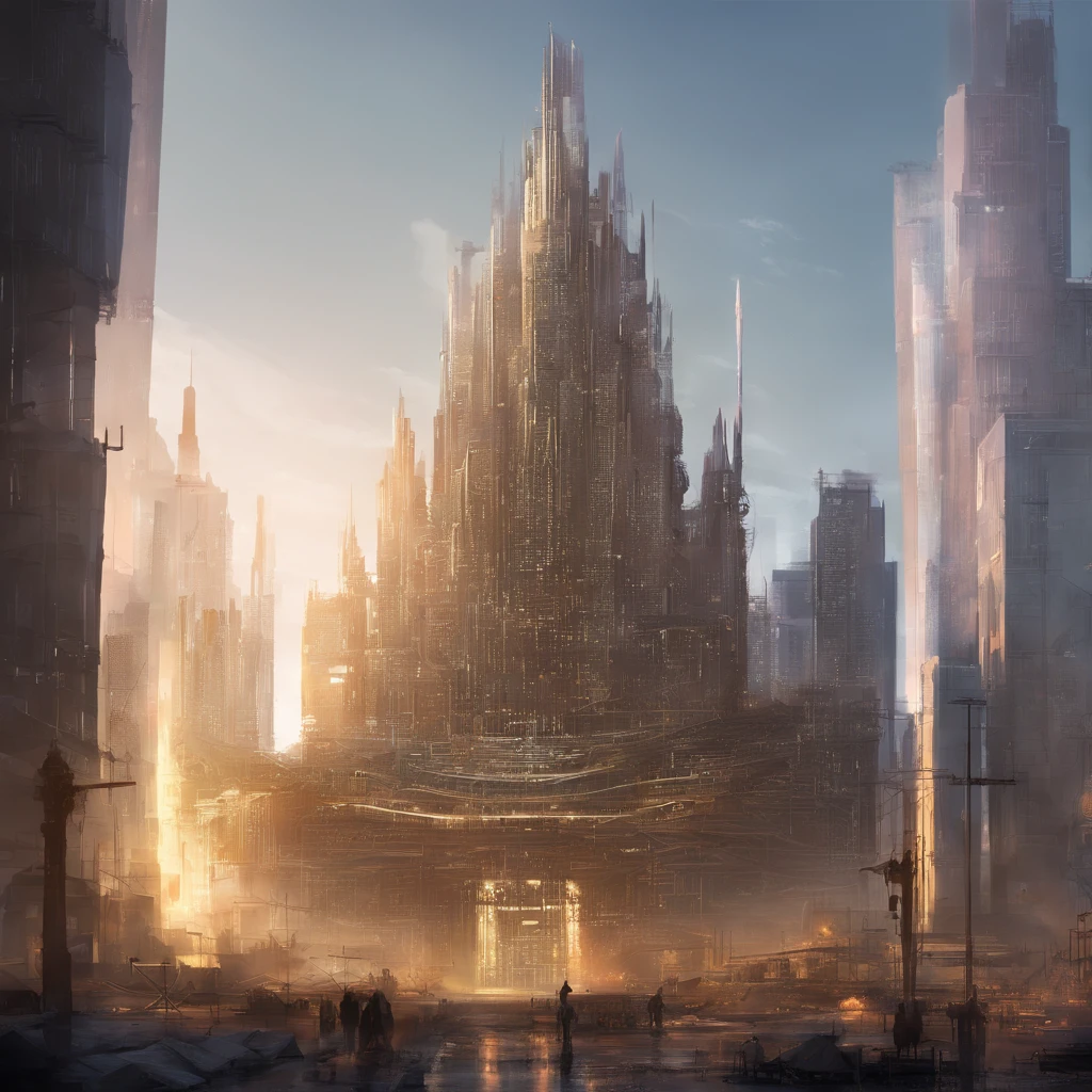 A big Structure of " GM " in the middle of the City, sun rising, close up shot,