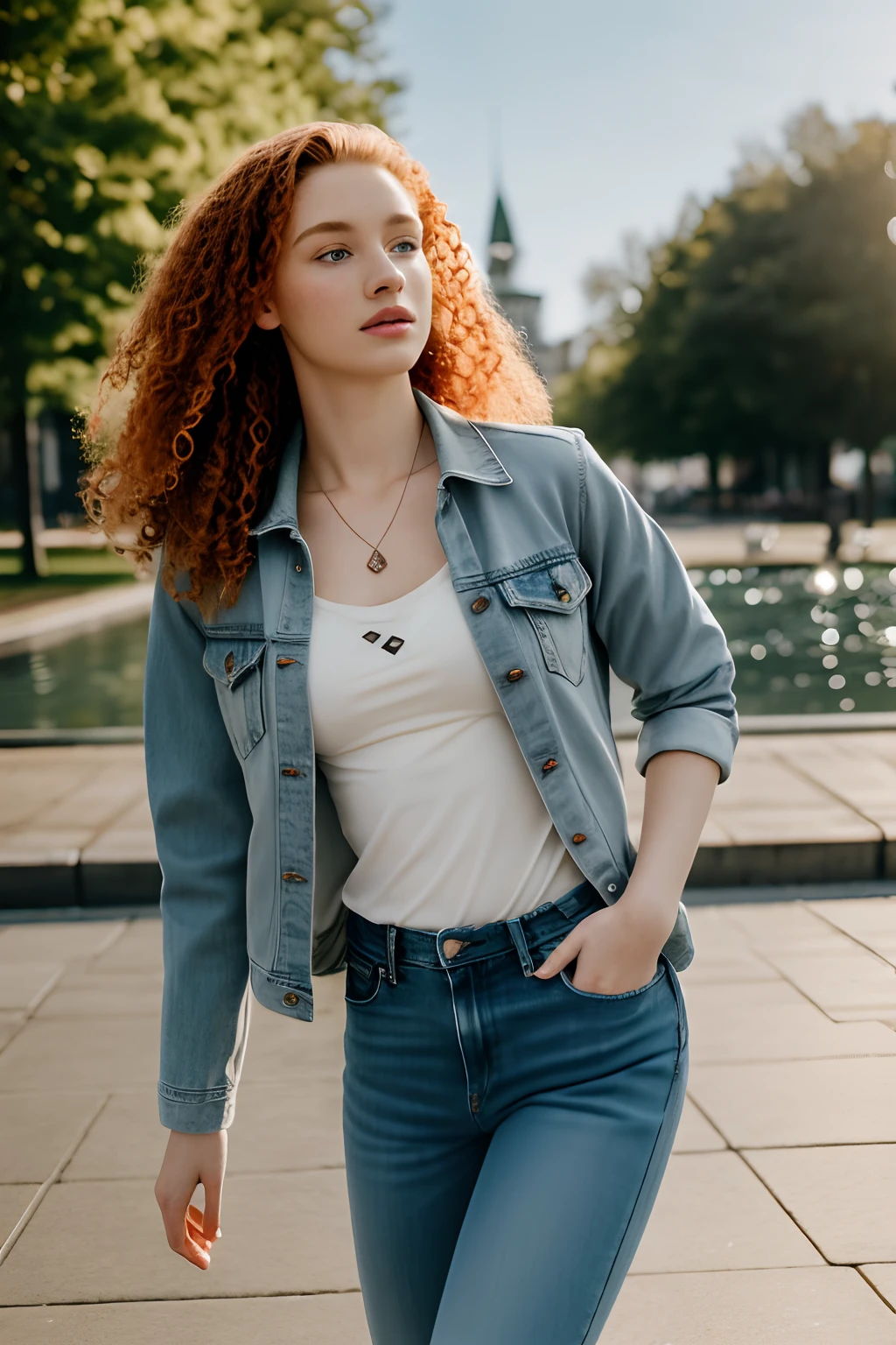 1girl in, age19, Solo, Aesthetic artwork, irish redhead, curly ginger hair, shoulder length ginger hair, gray eyes, light grey eyes, some small freckles, pale skin, A-cup, small breasts, runners body, detailed skin texture, dancing around city fountain, downtown, park, (extremely detailed 8k wallpaper), soft lighting, high quality, film grain, Fujifilm XT3 sharp focus, f 5.6, 50mm, High Detail, Sharp focus,(natural light), light blue jacket, khaki jacket, faded blue jeans, holes and blue jeans, crazy details, complex details, hyper detailed