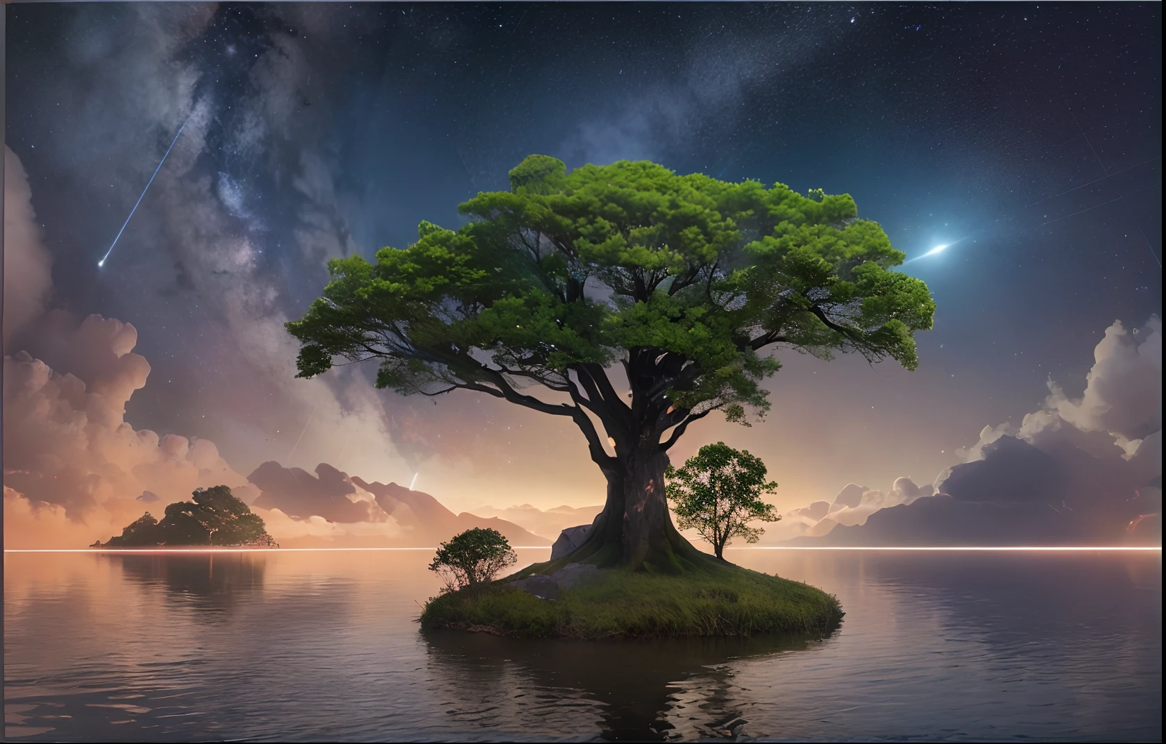 An illustration of a surreal, otherworldly, surreal sky scene including a huge crystal tree full body, very detailed and magical lights, intricate forest details, vegetation and surrounding rivers, solar punk, landscapes, giant trees, beautiful green leaves, mirror reflections in the water, beautiful lights and realistic proportions as if it were a movie background, 8k, highest quality, masterpiece, clouds and stars in the sky.