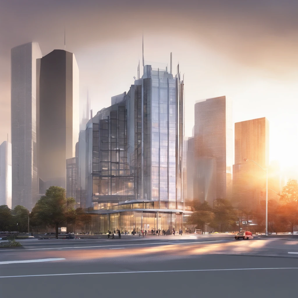 A big Structure of " GM " in the middle of the City, sun rising, close up shot,
