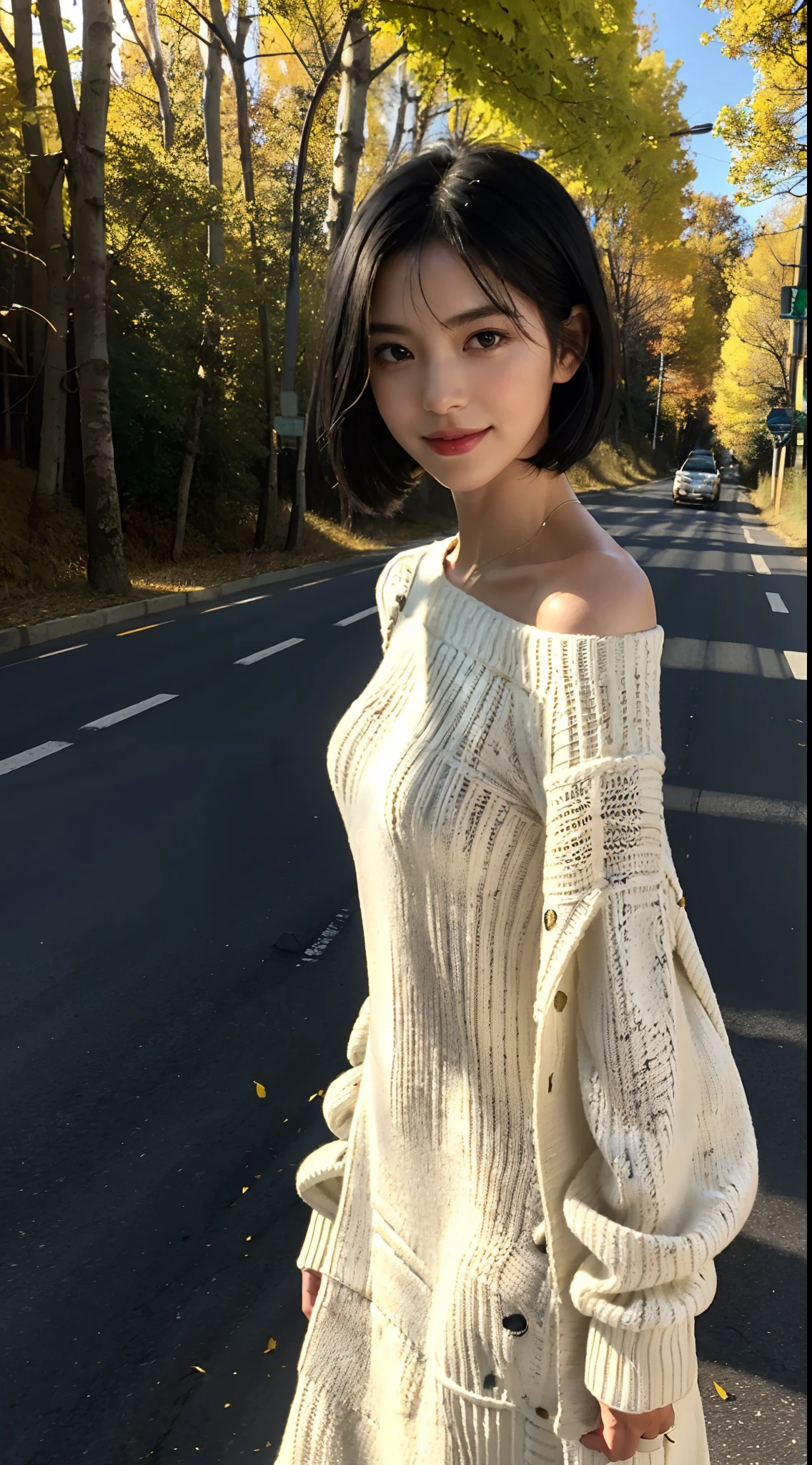 (shoulder length straight short hair: 1.1), (black hair:1.5),（Extremely meticulous CG 8k wallpaper），（Extremely refined and beautiful），（Masterpiece），（best qualtiy：1.0),(Ultra High Resolution:1.0),realistic shaded，[A high resolution],(Smooth and flawless fair skin:1.5),(shiny skin:1.5),Extremely exquisite facial details,(perfect body：1.1），ultra - detailed，A beautiful girl，small head,(Small breasts:1.1)，Flat chests，slim，thin,(smile:1.2),happy,(Maxi sweater dress:1.5),(White sneakers:1.3),Slender legs,walking,(On roadside:1.3),(rows of yellow leaf trees on both sides of the road:1.3),sunny day,(day scene:1.5),Late autumn, blue sky, white clouds,close shot,upper body,cowboy shot