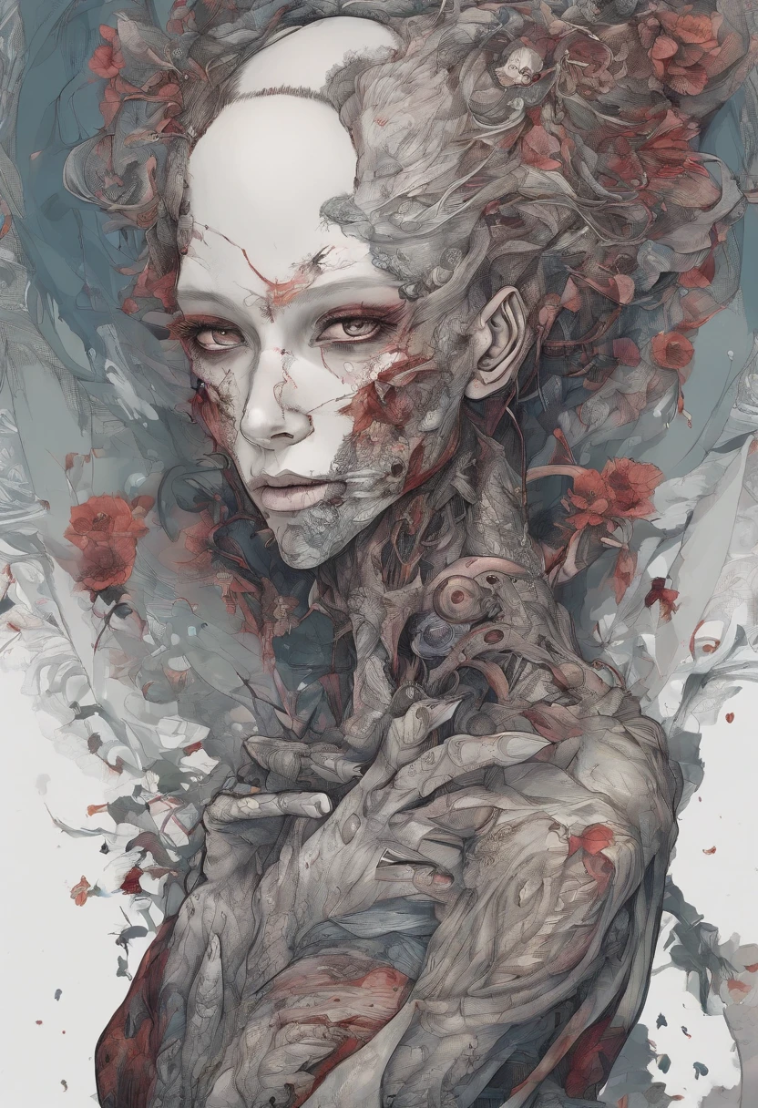 【full body Esbian】,(masutepiece, Best Quality: 1.2), ultra-detailliert, Highest detail, (body horror: 1.4), (biomachine: 1.3), (Bloody: 1.2), creatures, (Colorful: 1.2),, (Machine: 1.3), (Zentangle: 1.2), Black color scheme、blue hairs、Red Eyes,Exposed skin a lot