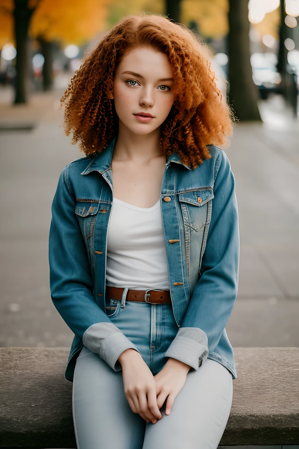 1girl in, 19, Solo, Aesthetic artwork, irish redhead, curly ginger hair, shoulder length ginger hair, gray eyes, light grey eyes, some small freckles, pale skin, A-cup, small breasts, runners body, detailed skin texture, sitting on stone bench, by city fountain, downtown, park, (extremely detailed 8k wallpaper), soft lighting, high quality, film grain, Fujifilm XT3 sharp focus, f 5.6, 50mm, High Detail, Sharp focus,(natural light), light blue jacket, khaki jacket, faded blue jeans, holes and blue jeans, crazy details, complex details, hyper detailed