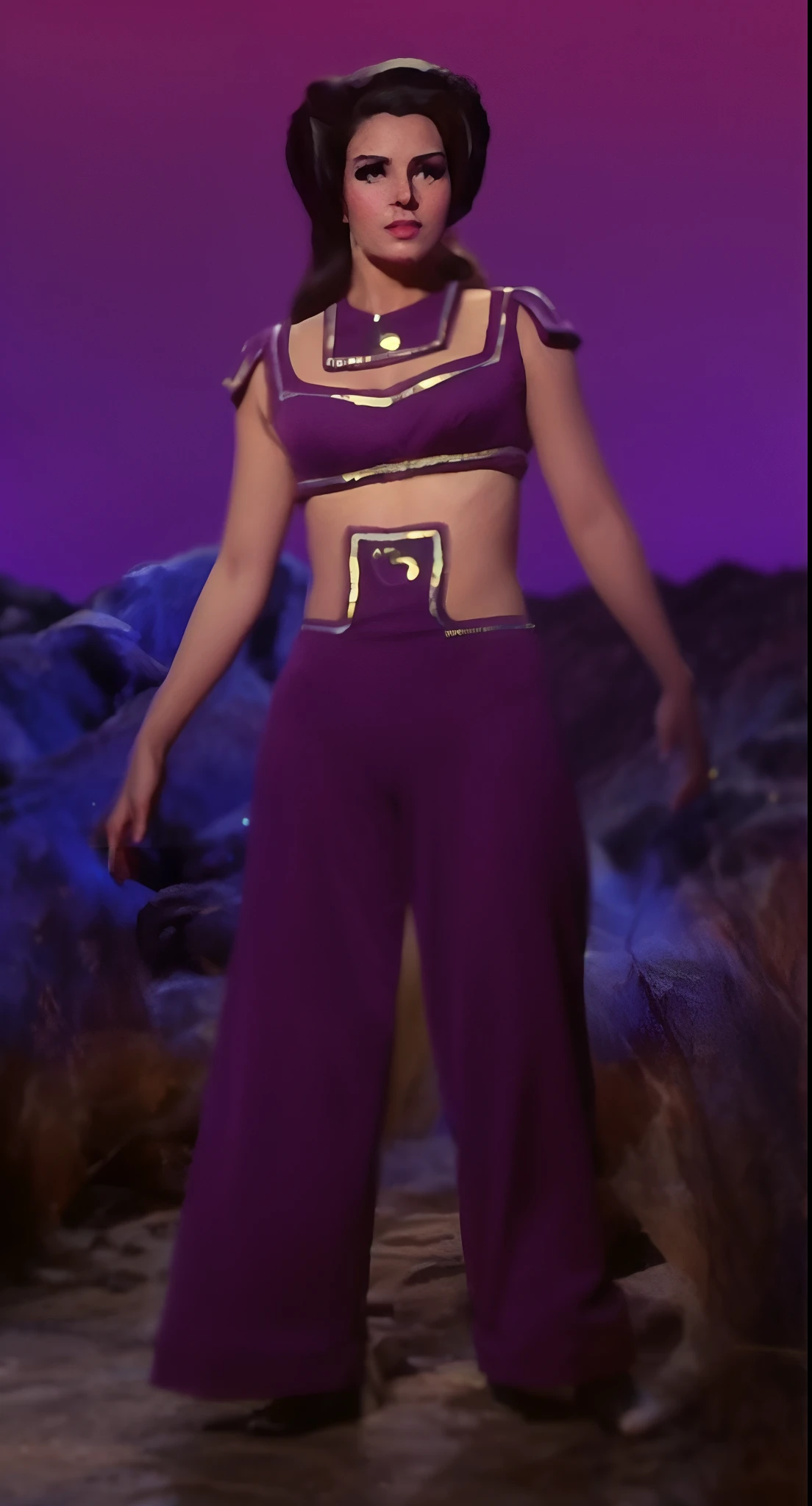 Bodacious seductive young woman in front mountains, with elaborately coiffed black hair with large side rolls, wearing purple genie bikini outfit, perfect delicate fingers, perfect delicate hands, perfect delicate feet, perfect delicate legs, in star trek the original series, 4K, cinematic, 1960s technicolor, symmetrical, "100% anatomically correct", octane render