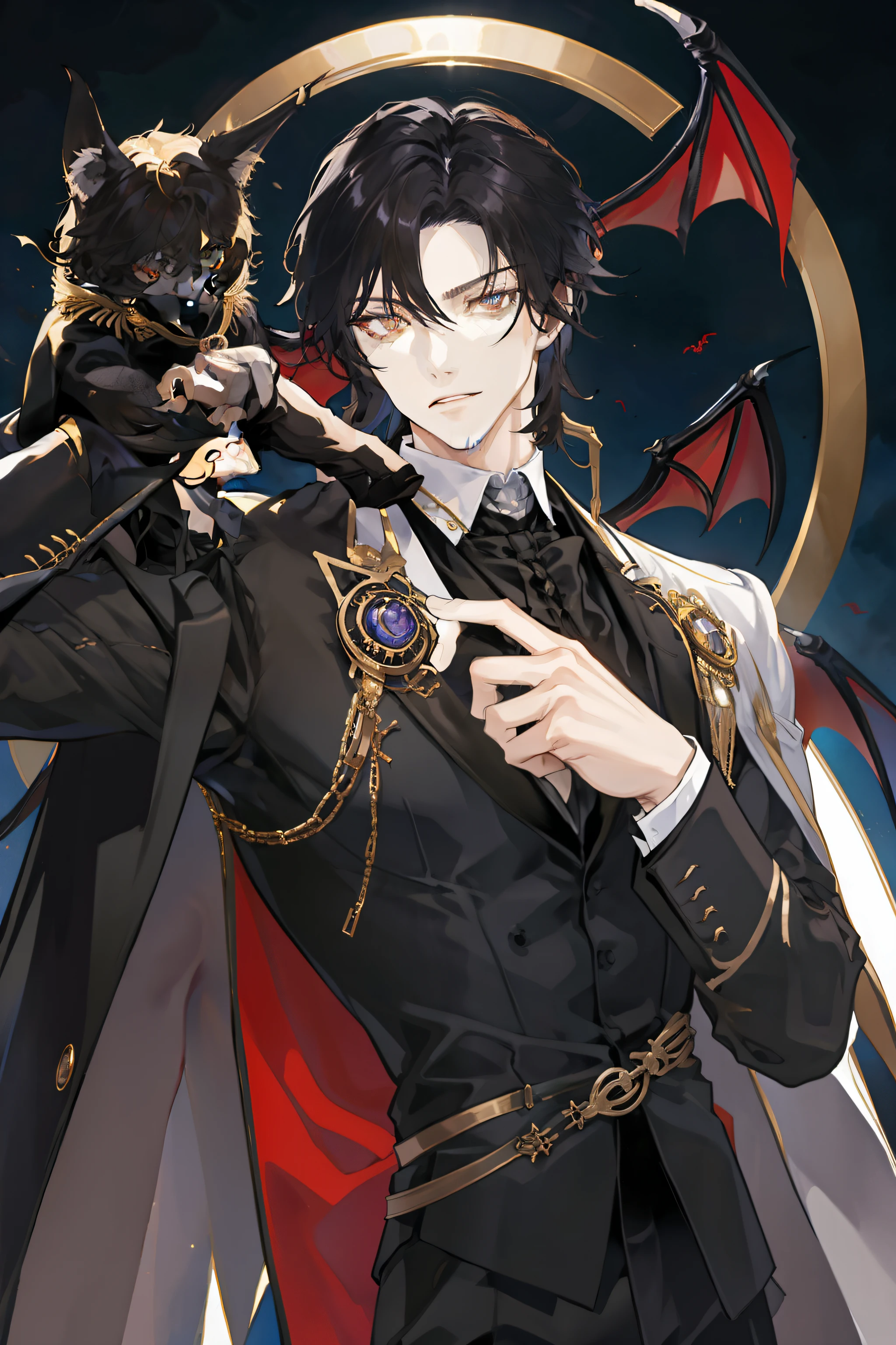 tmasterpiece、Need、1male people、AS-Adult、A MILF、Tall muscular man、dark themes、Vampires、Golden eyes，brunette color hair，gentleness，(The upper part of the body)，Black Tailcoat，ssmile，courteous，solidcolor