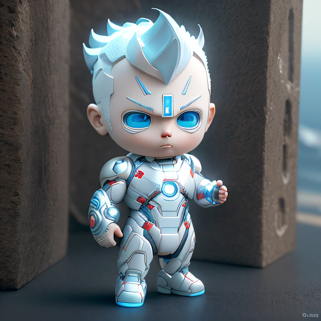 ironman,s Ultraman, Arm depiction, White and blue hair body, Delicate shoes, Eye depiction, Exquisite Hair, Popmart blind box, Clay texture, Step on the land, Black and white background, Natural lighting, best of quality, Super detail, 3D art, C4D, OC renderer, 3D rendering of, 8K
