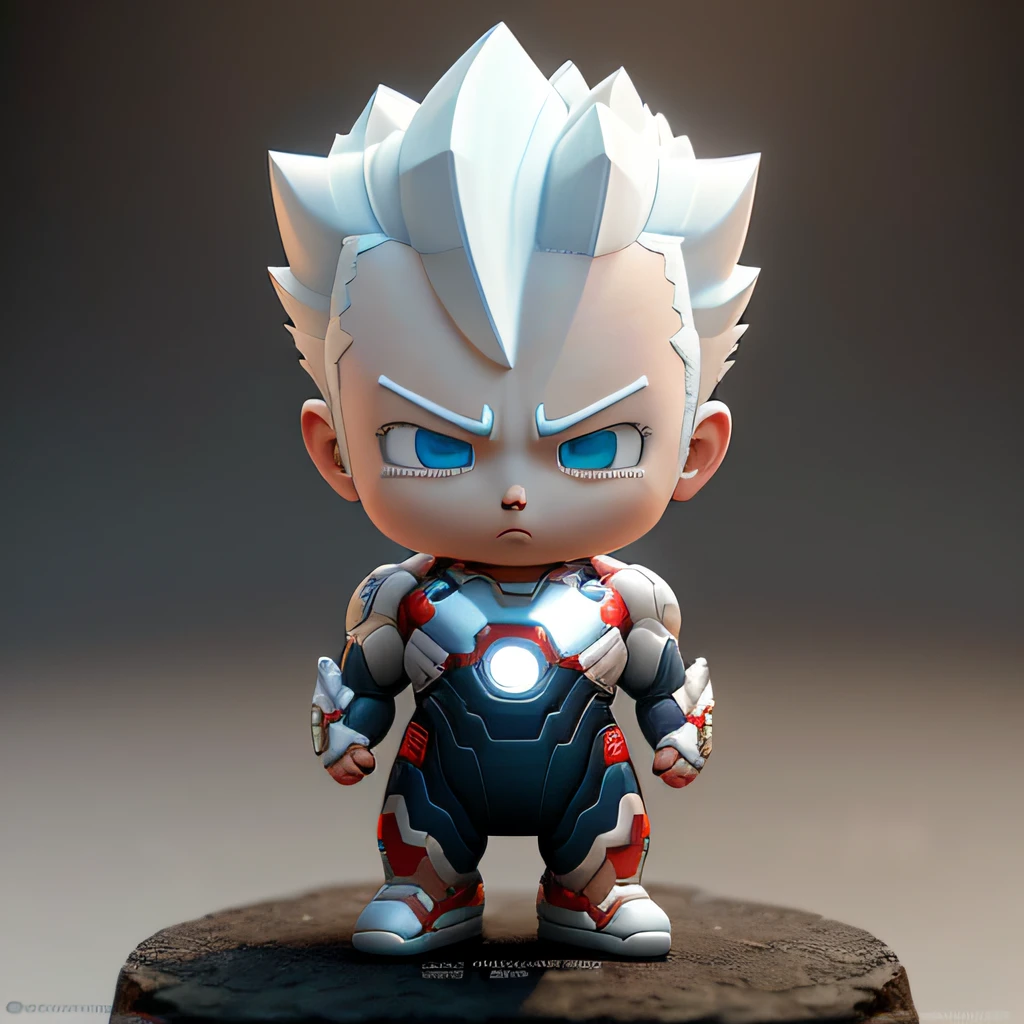ironman, Super Saiyan,s Ultraman， Arm depiction, White and blue hair body, Delicate shoes, Eye depiction, Exquisite Hair, Popmart blind box, Clay texture, Step on the land, Black and white background, Natural lighting, best of quality, Super detail, 3D art, C4D, OC renderer, 3D rendering of, 8K