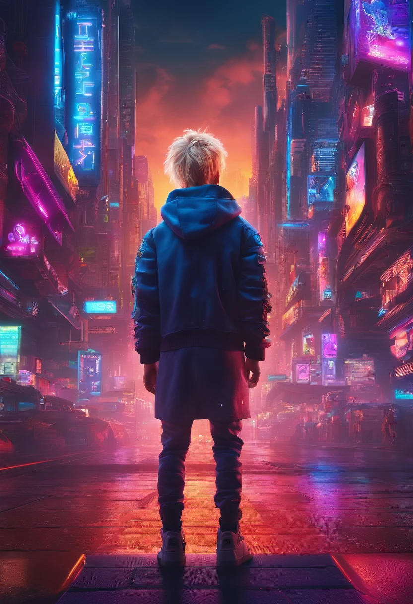 Face of a boy with blue eyes and blond hair, Against the backdrop of a futuristic city, neon signage, The World of Tomorrow, Driven by Artificial Intelligence, in a very realistic 8K photo