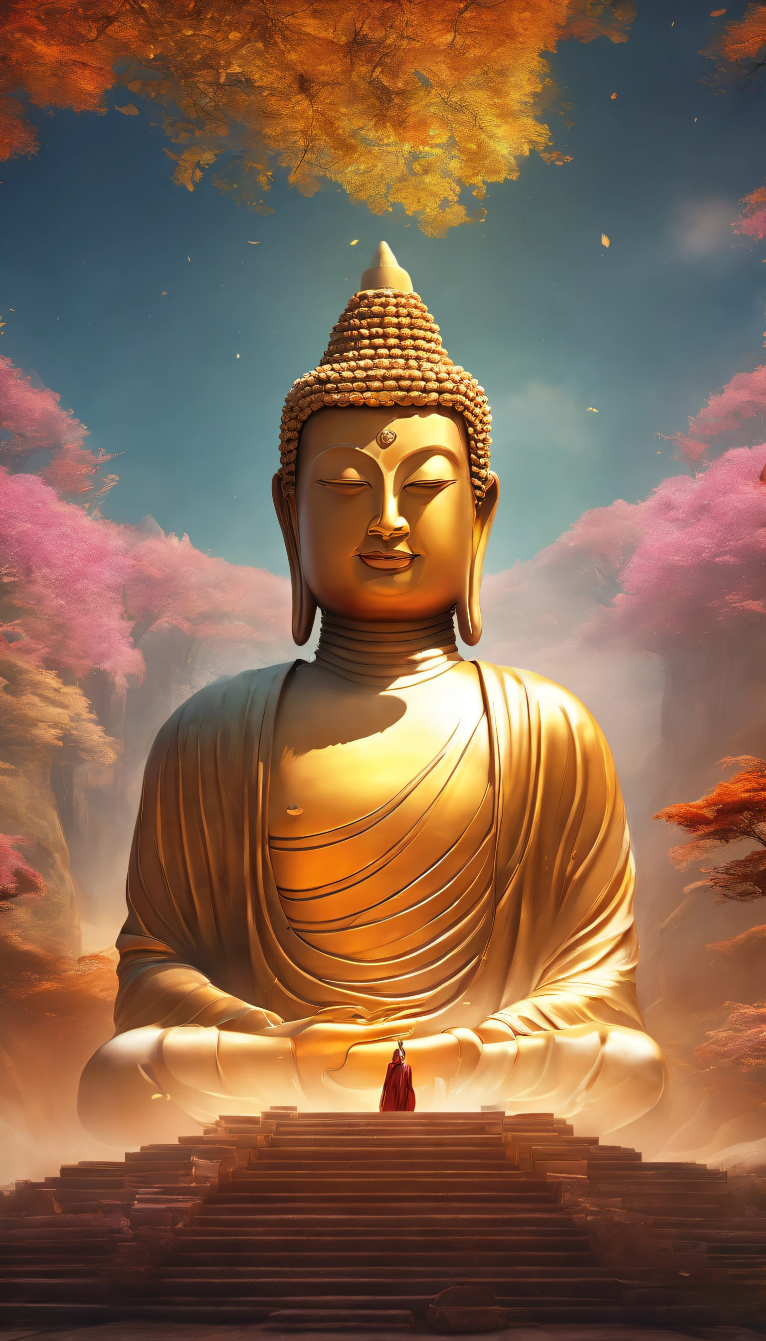 A giant, Realistic depiction of Leshan Buddha, Blend seamlessly with nature, surrealism, Ultra-detailed, Photorealistic:1.37, 3D rendering, Cinematic lighting, Divine light, Ultra-high definition, Masterpiece:1.2, Textured skin, Best quality, high resolution