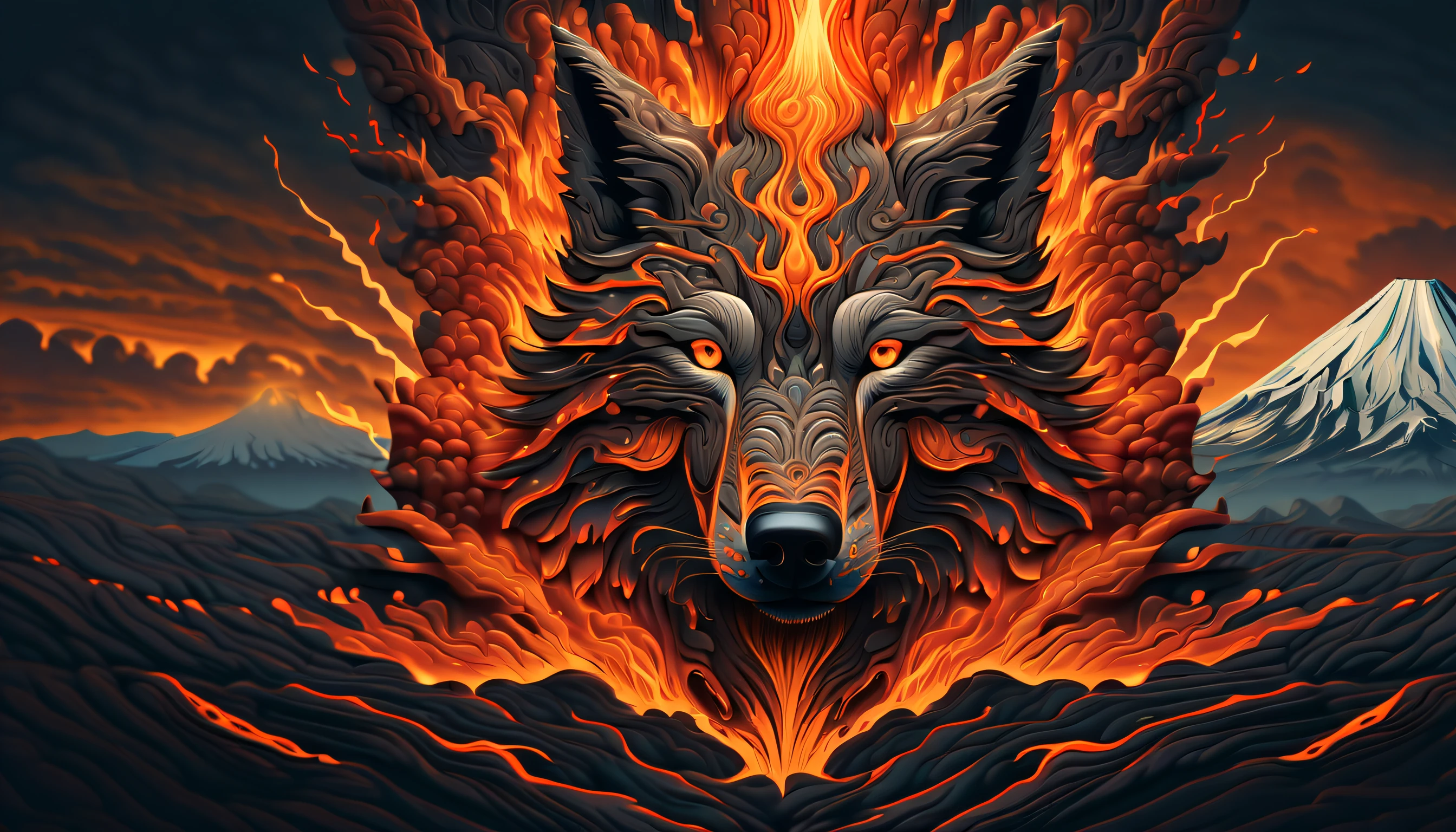 beautiful concept art of intricate insane detailed a illustration, (((Volcanic eruption:1.3))), concept of a volcano with a wolf face, stunning and surreal piece of art, unique and visually, front view of the wolf face, highest level of artistic, high level artistry involved, expression adds depth and complexity to the overall composition, volcanic wolf face to life in a way that resembles a photograph, every detail carefully crafted, create a sense of depth and dimension, realistic style, intricate details, incredibly realistic, expert precision including intricate examples of undeniably amazing image quality and detailed design, amazing background detail,
