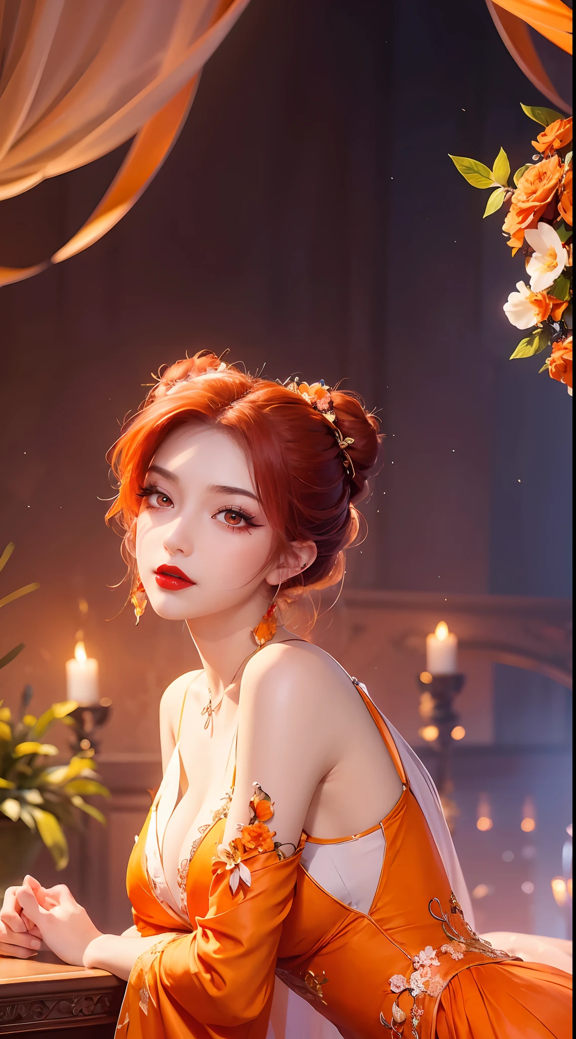1girl, long hair, flower, Lisianthus, in the style of orange and light azure, dreamy and romantic compositions, orange, ethereal foliage, playful arrangements, fantasy, high contrast, ink strokes, explosions, over exposure, orange and white tone impression, abstract, attractive pose,,short hair,hair bun,