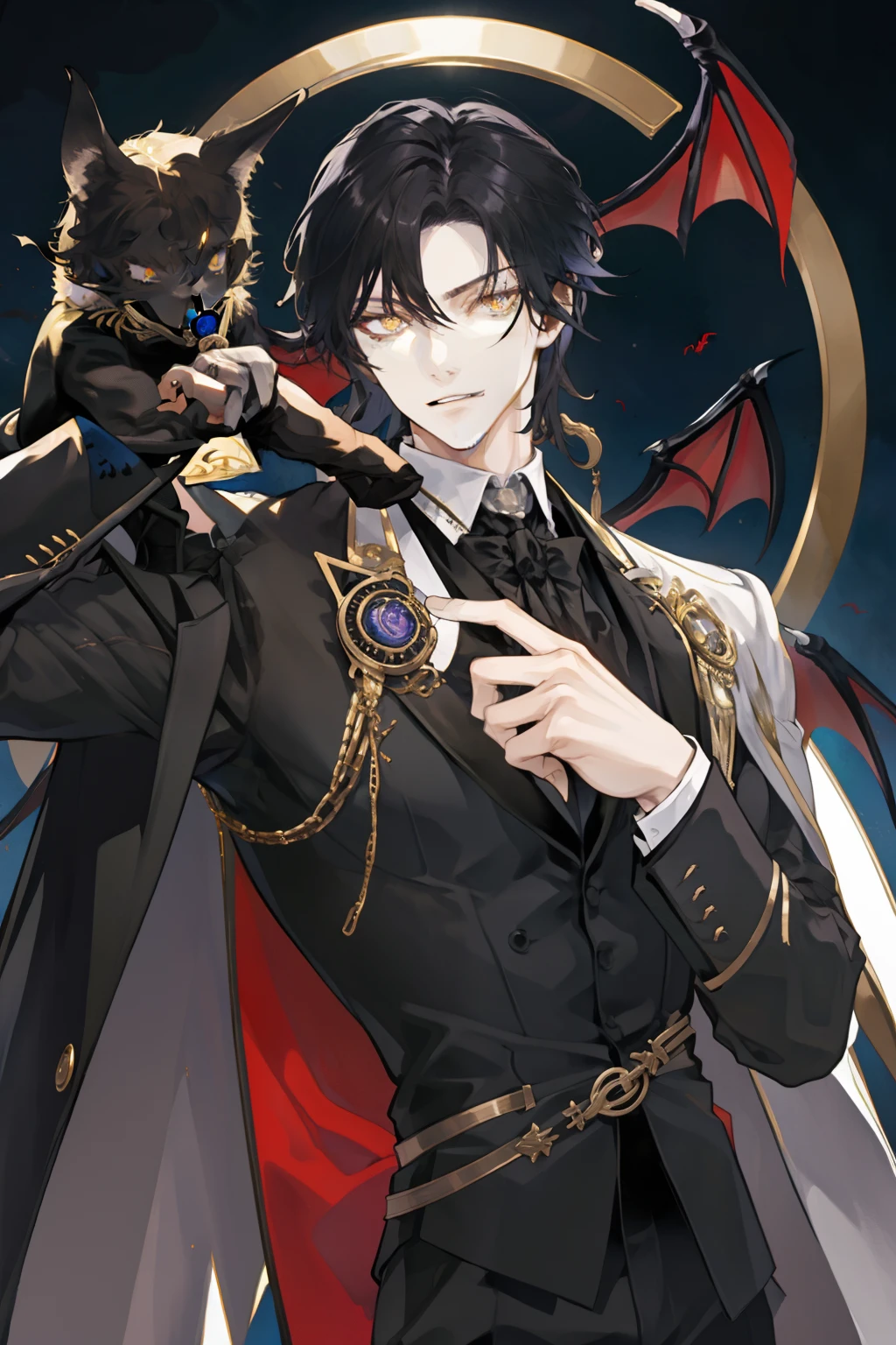 tmasterpiece、Need、1male people、AS-Adult、A MILF、Tall muscular man、dark themes、Vampires、Golden eyes,brunette color hair,gentleness,(The upper part of the body),Black Tailcoat,ssmile,courteous,solidcolor