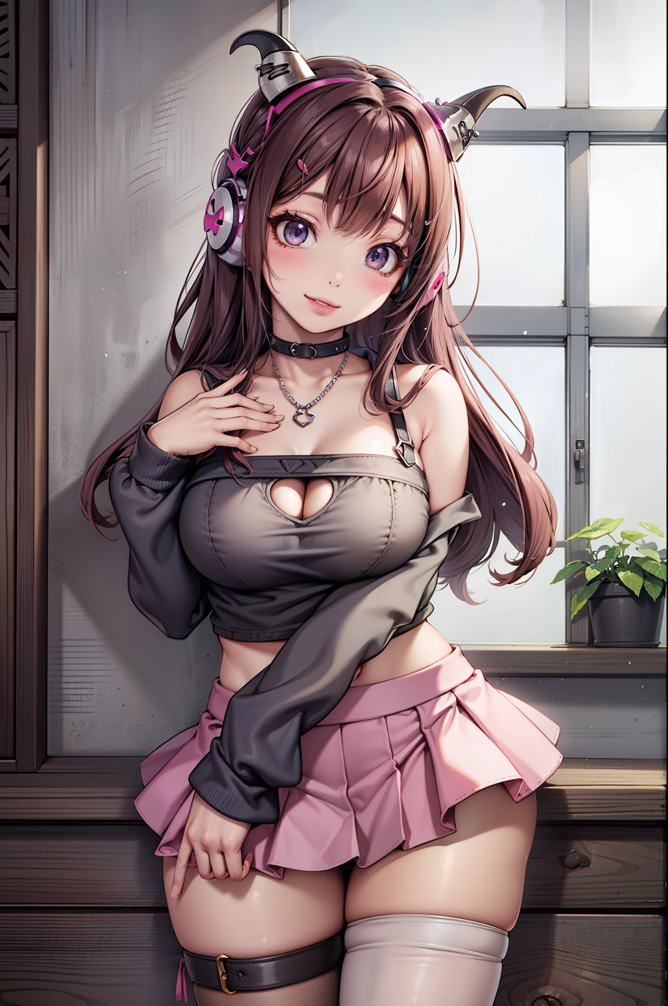 masterpiece, best quality, highres, hs1, light purple eyes, wide hips, thick thighs, long sleeve shirt, midriff, light brown hair, cleavage, long hair, half updo, asymmetrical bangs, streaky hair, pink shirt, black thighhighs, micro skirt, legs apart, khaki skirt, hair clips, (huge breasts), hair ribbons, indoors, cowboy shot, panties, from below, smile, looking at viewer, thick thighs, jirai kei, window, plant, headphones, (succubus horns), necklaces, ear piercings, bracelets