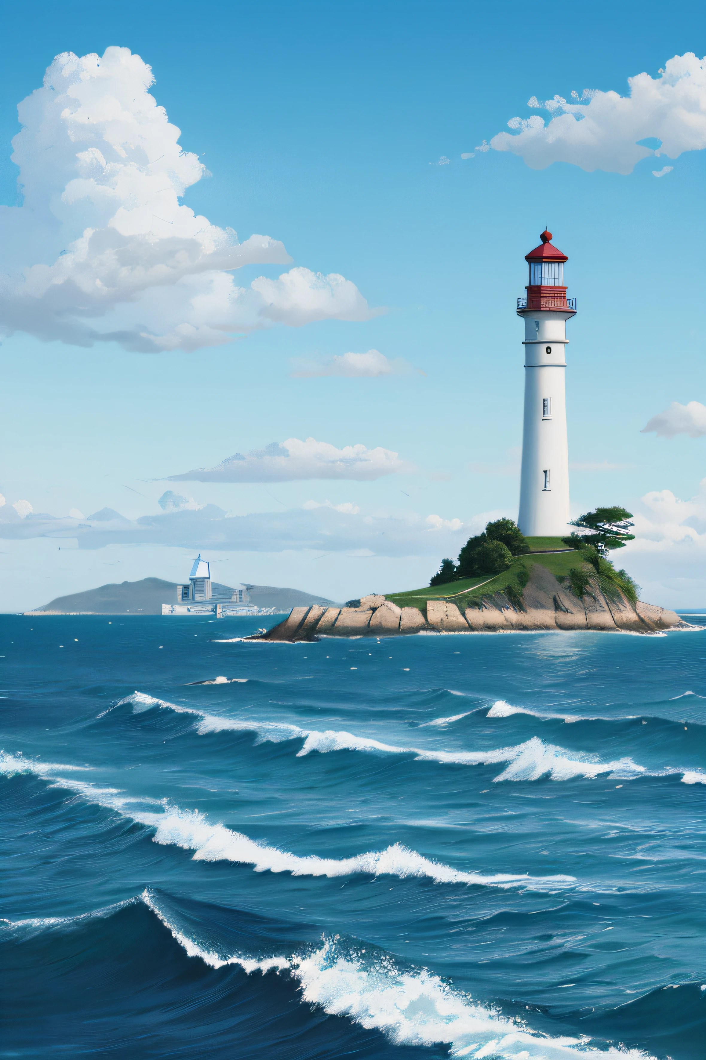 The light blue sea has a lighthouse in the distance, students set sail, the morning sun, cartoon style, and the painting style is simple