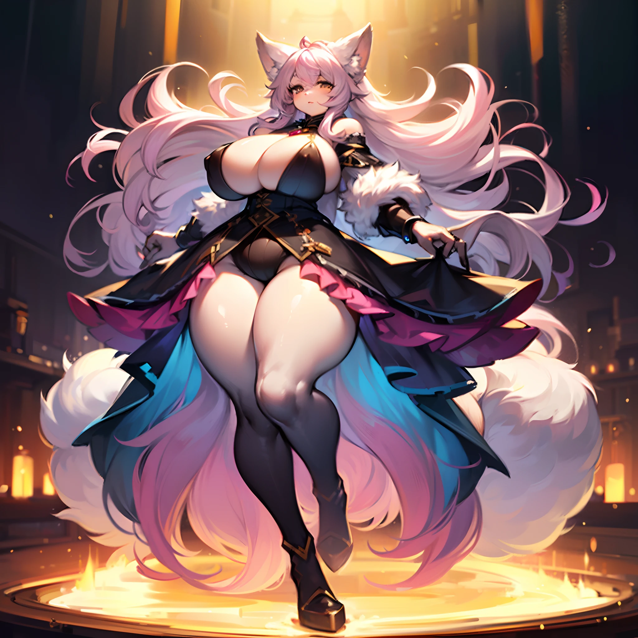 (ambiente dark:0.8),Masterpiece,High quality,abstract res,Digital painting\(artwork of a\),,(anthro,Fluffy fur,Character focus:1.1),anthro female cat,long whitr hair,absurderes, shaggy,Furry female,canid,Full Body Furry,Large fluffy tail,Flowing hair,anthr,(Full Body Furry, Fluffy tail), (long canines:1.2),(Half head gray hair, Half pink hair:1.3)(One eye is yellow,One is blue,long and flowing hair:1.4)(Witch dress)(Body detailed,flatchest)Lively and cute girl,8K,Cinematic lighting effects,Textured skin,best qualtiy,Storytelling images,Ambient lighting,dynamic blur,,tmasterpiece,A masterpice,thicc, Enormous Boobs, Enormous Ass, Thicc Thighs, Thicc, chubby, Plump